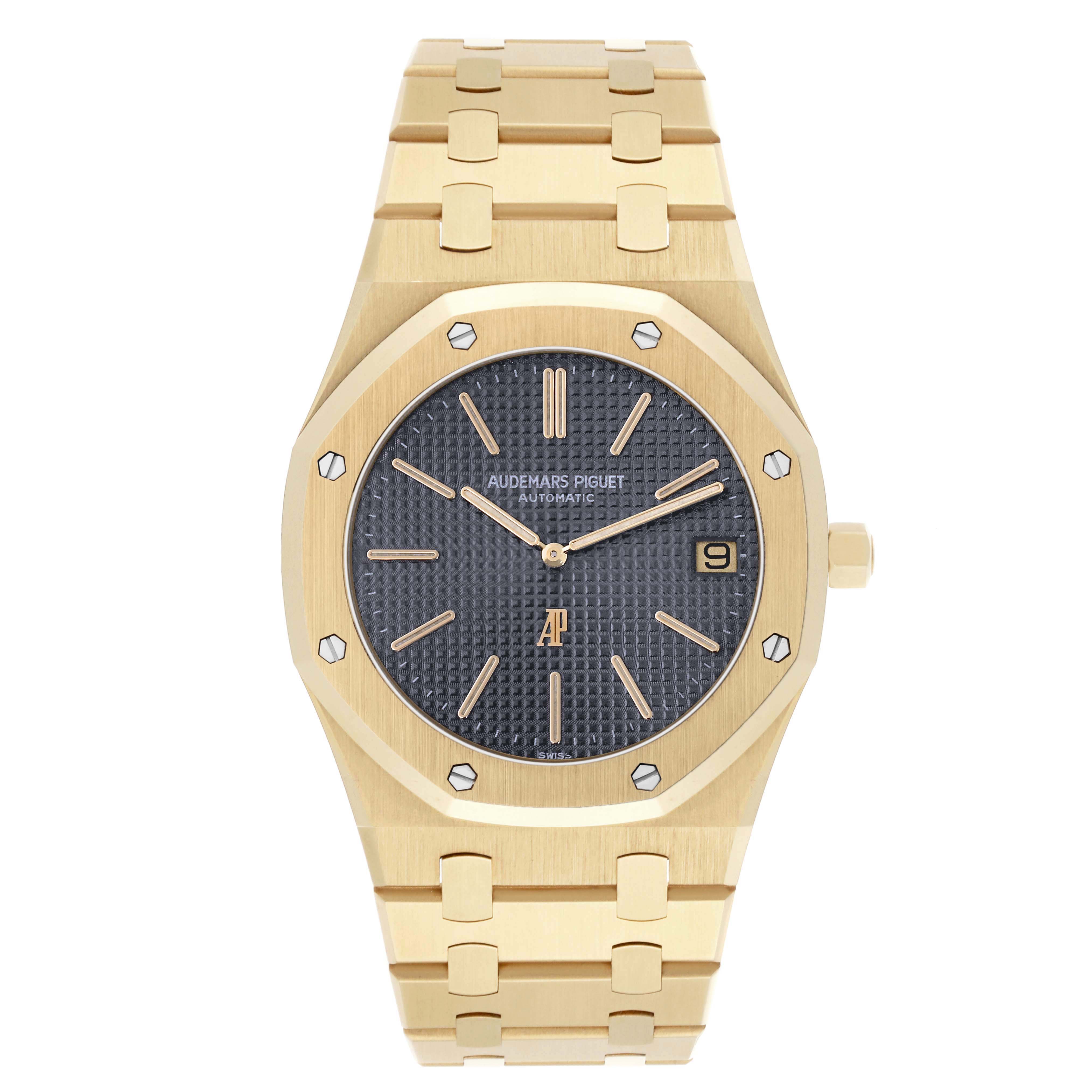The Audemars Piguet Royal Oak 5402BA-001 Men's Yellow Gold Grey Dial watch is shown from a front view, displaying the face, bezel, and partial bracelet.
