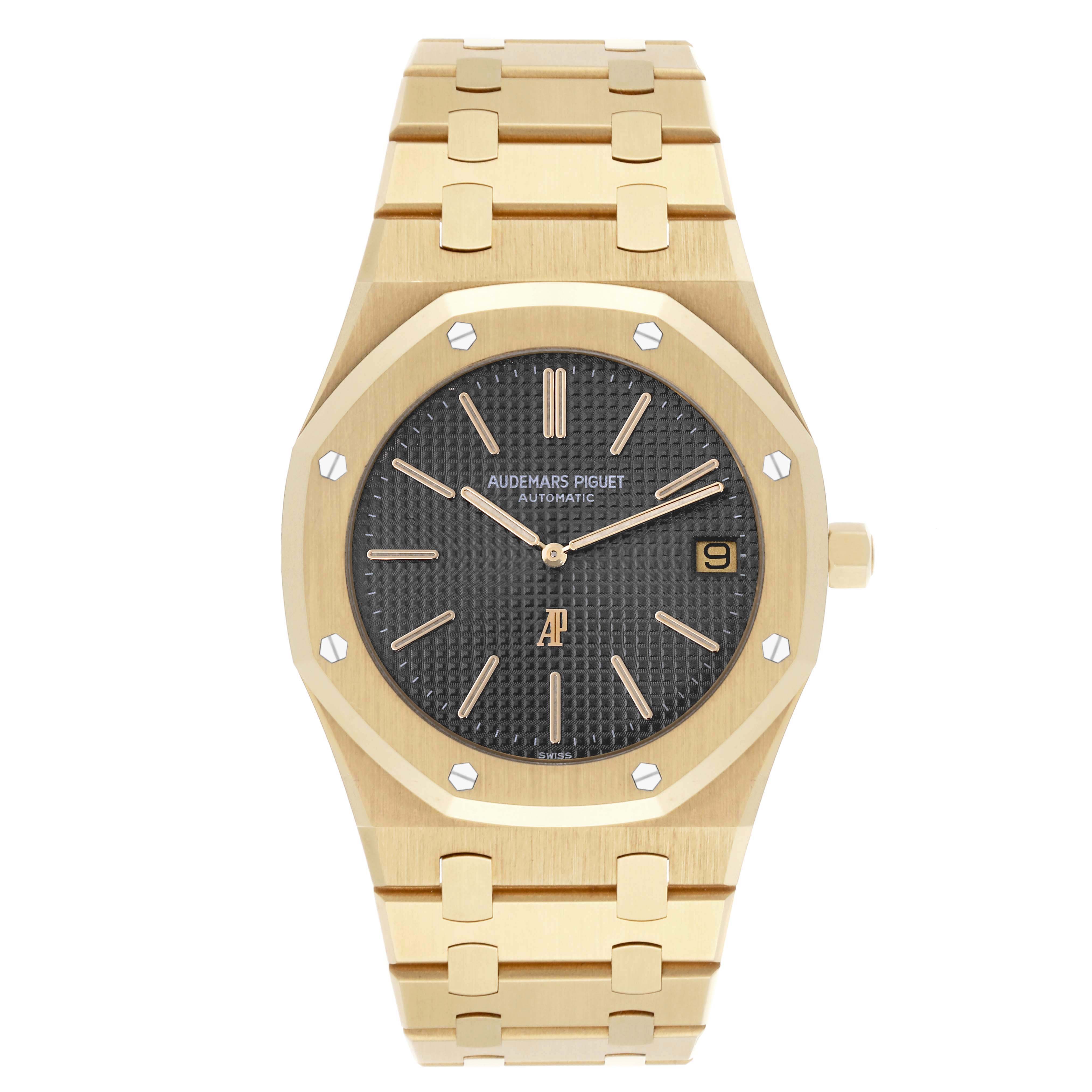 The image shows a front view of an Audemars Piguet Royal Oak 5402BA-001 Men's Yellow Gold Grey Dial 5402BA-001 Men's Yellow Gold Grey Dial watch, highlighting its dial, bezel, and bracelet.