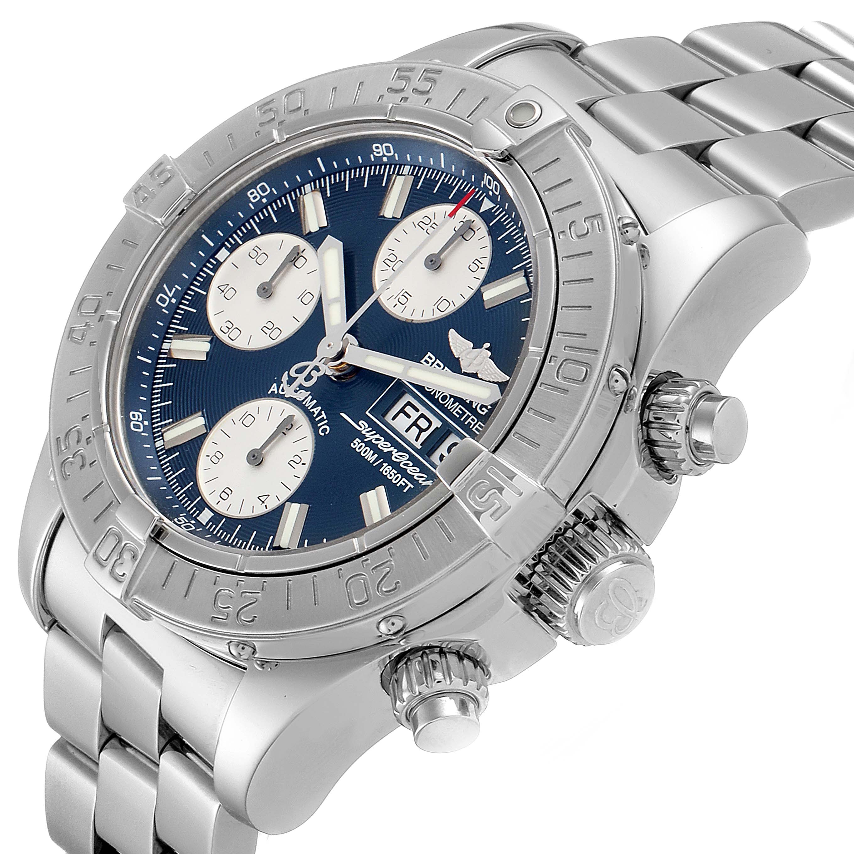 This image shows a Breitling Superocean A13340 Men's Stainless Steel Blue Dial A13340 Men's Stainless Steel Blue Dial watch at an angle that highlights the face, bezel, crown, and metal bracelet.