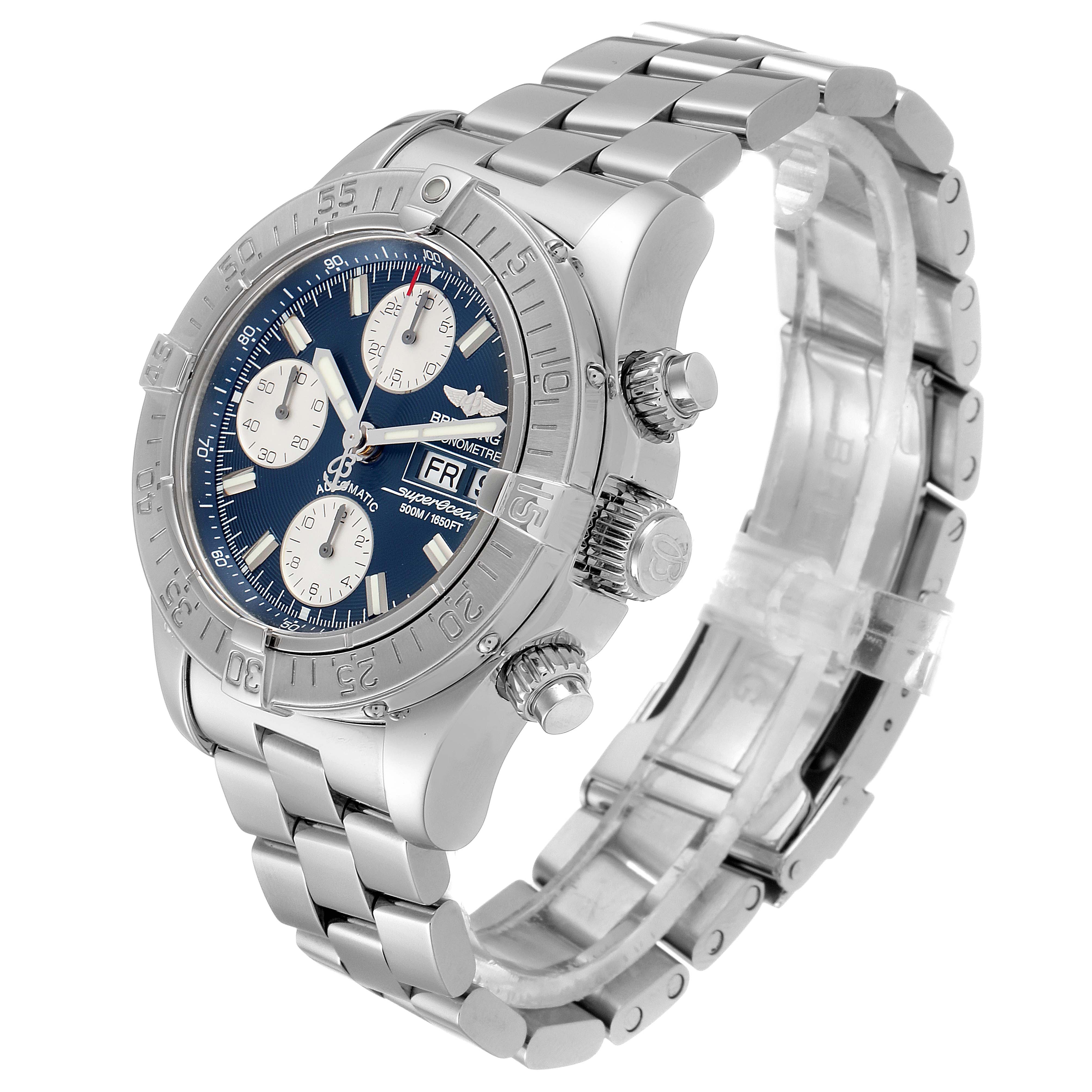 The Breitling Superocean A13340 Men's Stainless Steel Blue Dial A13340 Men's Stainless Steel Blue Dial watch is shown at a slight angle, highlighting its stainless steel bracelet, bezel, and dial with chronograph features.