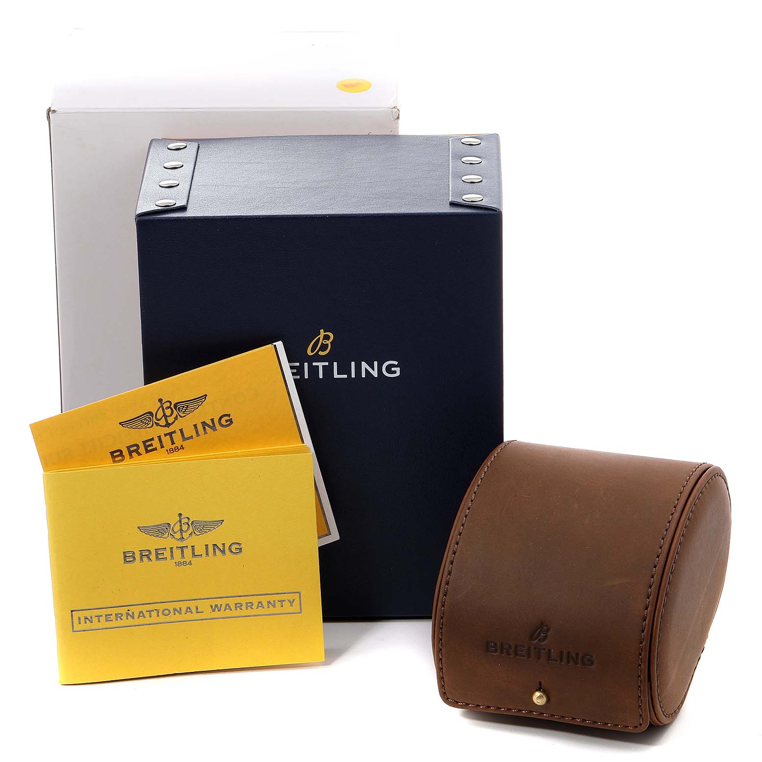 The image shows a Breitling Superocean A13340 Men's Stainless Steel Blue Dial A13340 Men's Stainless Steel Blue Dial watch box, a leather case, warranty cards, and packaging from a front-angle view.
