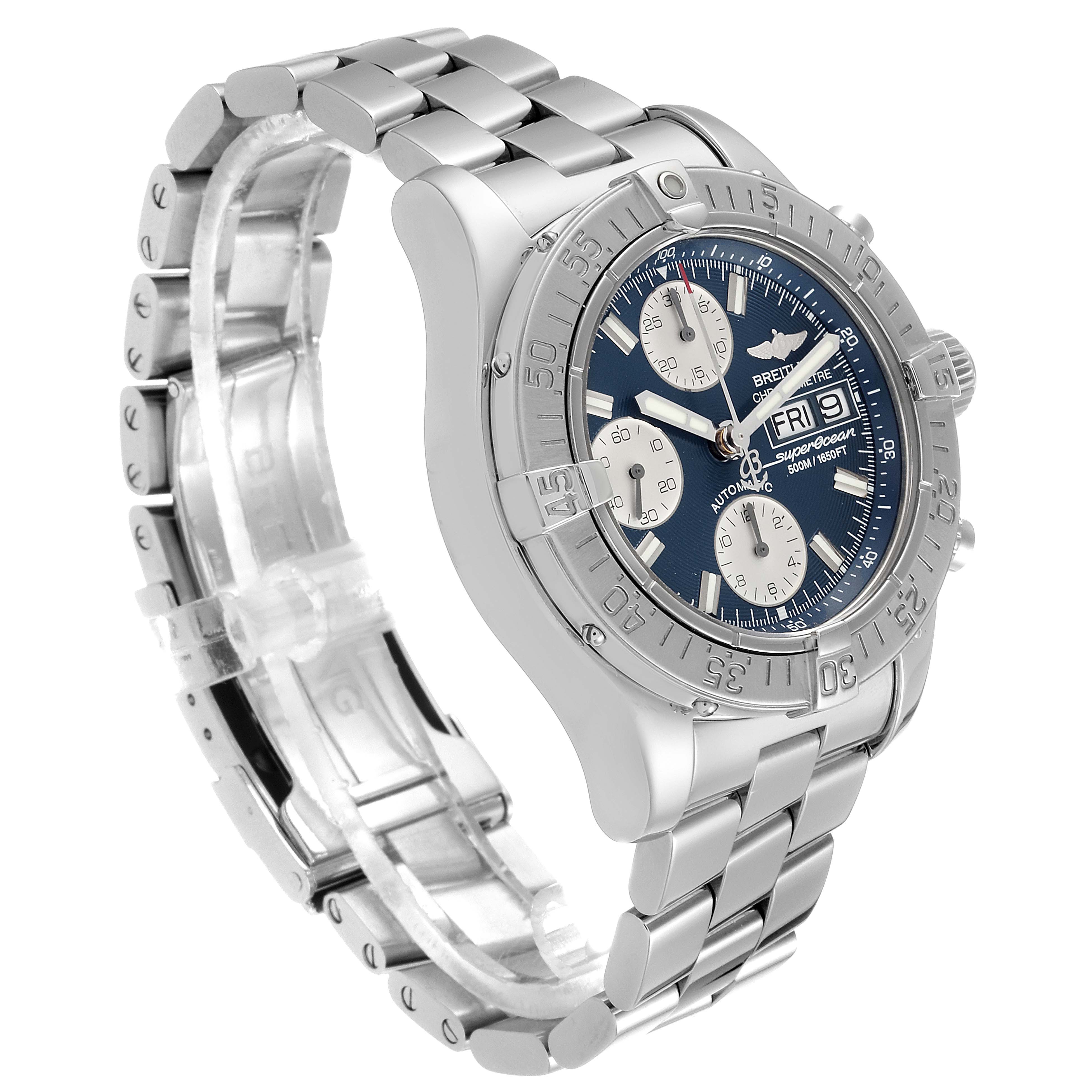 The image shows a Breitling Superocean A13340 Men's Stainless Steel Blue Dial A13340 Men's Stainless Steel Blue Dial watch from an angled side view, highlighting the bezel, dial, crown, and metallic band.
