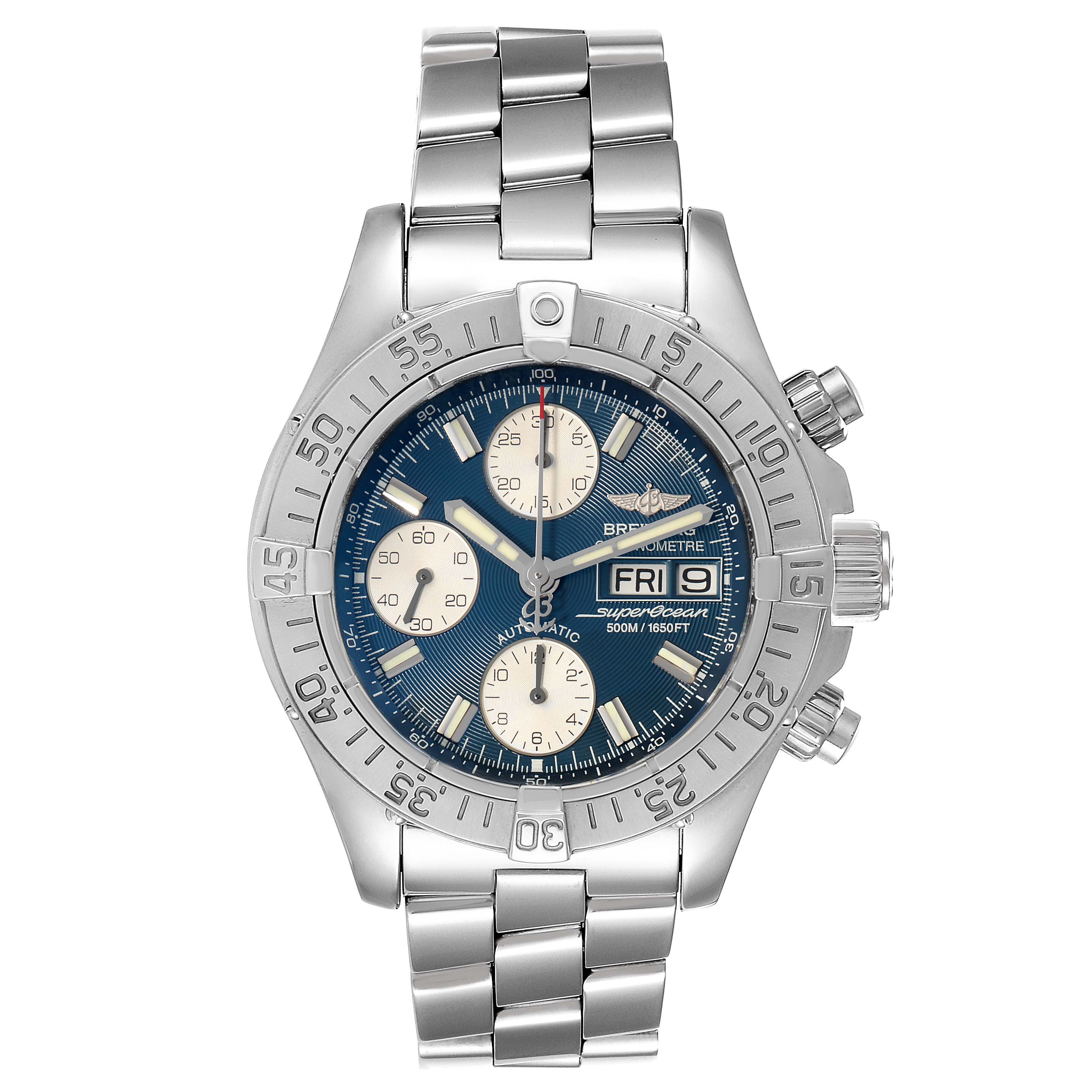 This image shows a Breitling Superocean A13340 Men's Stainless Steel Blue Dial A13340 Men's Stainless Steel Blue Dial watch from the front, displaying its face, bezel, crown, and metal bracelet.