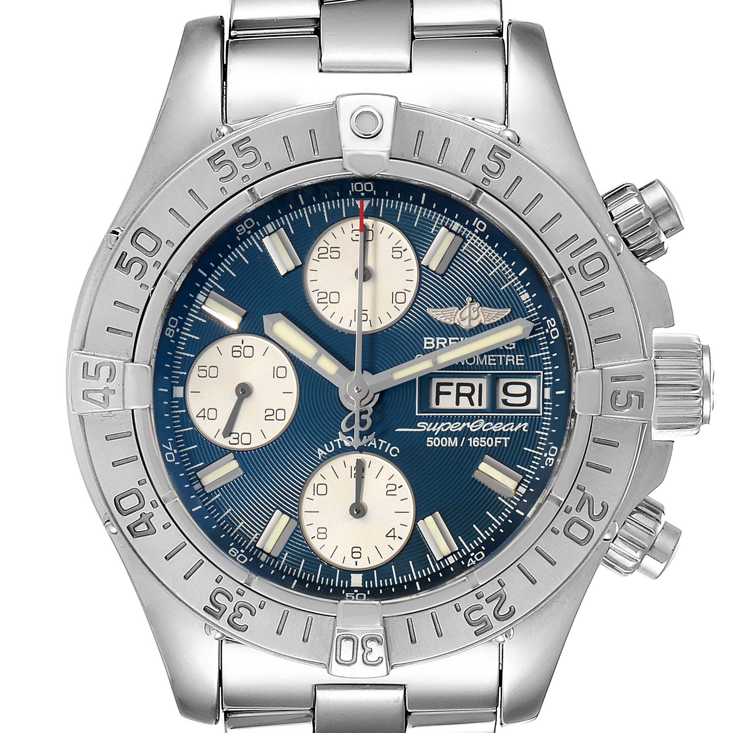 The image shows a front view of a Breitling Superocean A13340 Men's Stainless Steel Blue Dial A13340 Men's Stainless Steel Blue Dial watch, featuring its dial, bezel, and stainless steel bracelet.