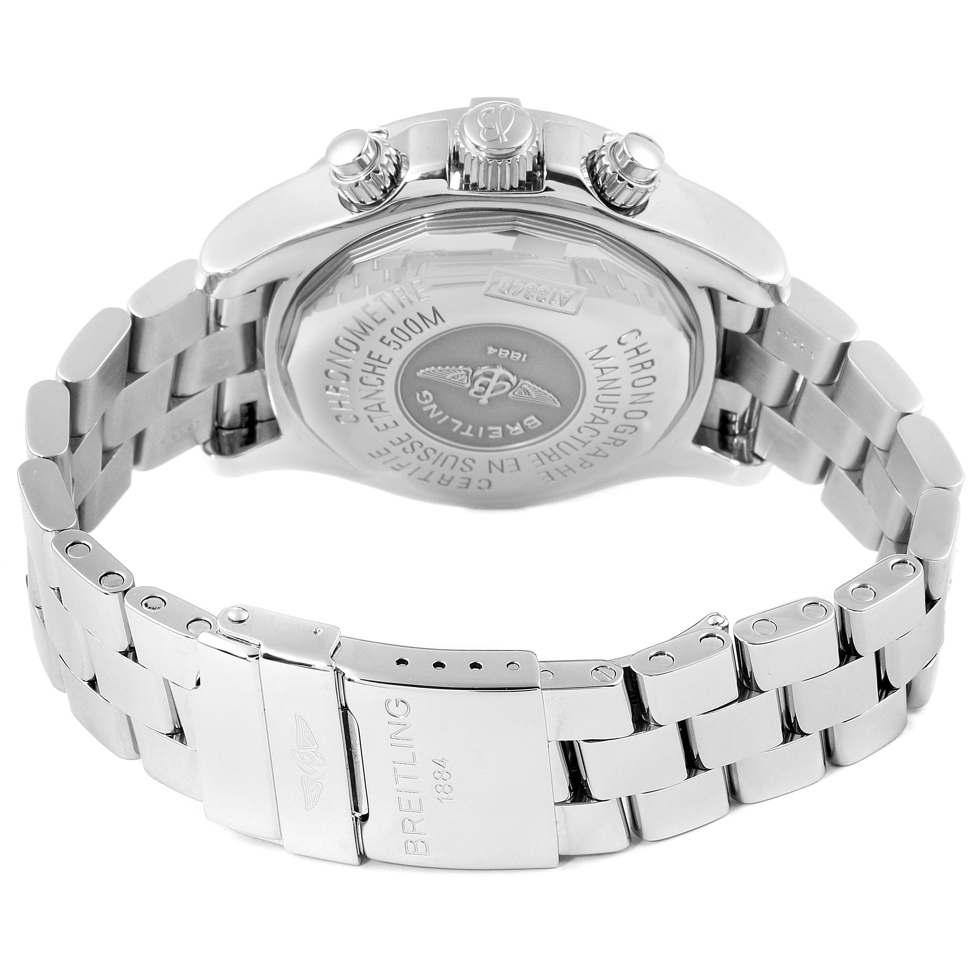 This image shows the back, clasp, and part of the band of a Breitling Superocean A13340 Men's Stainless Steel Blue Dial A13340 Men's Stainless Steel Blue Dial watch.