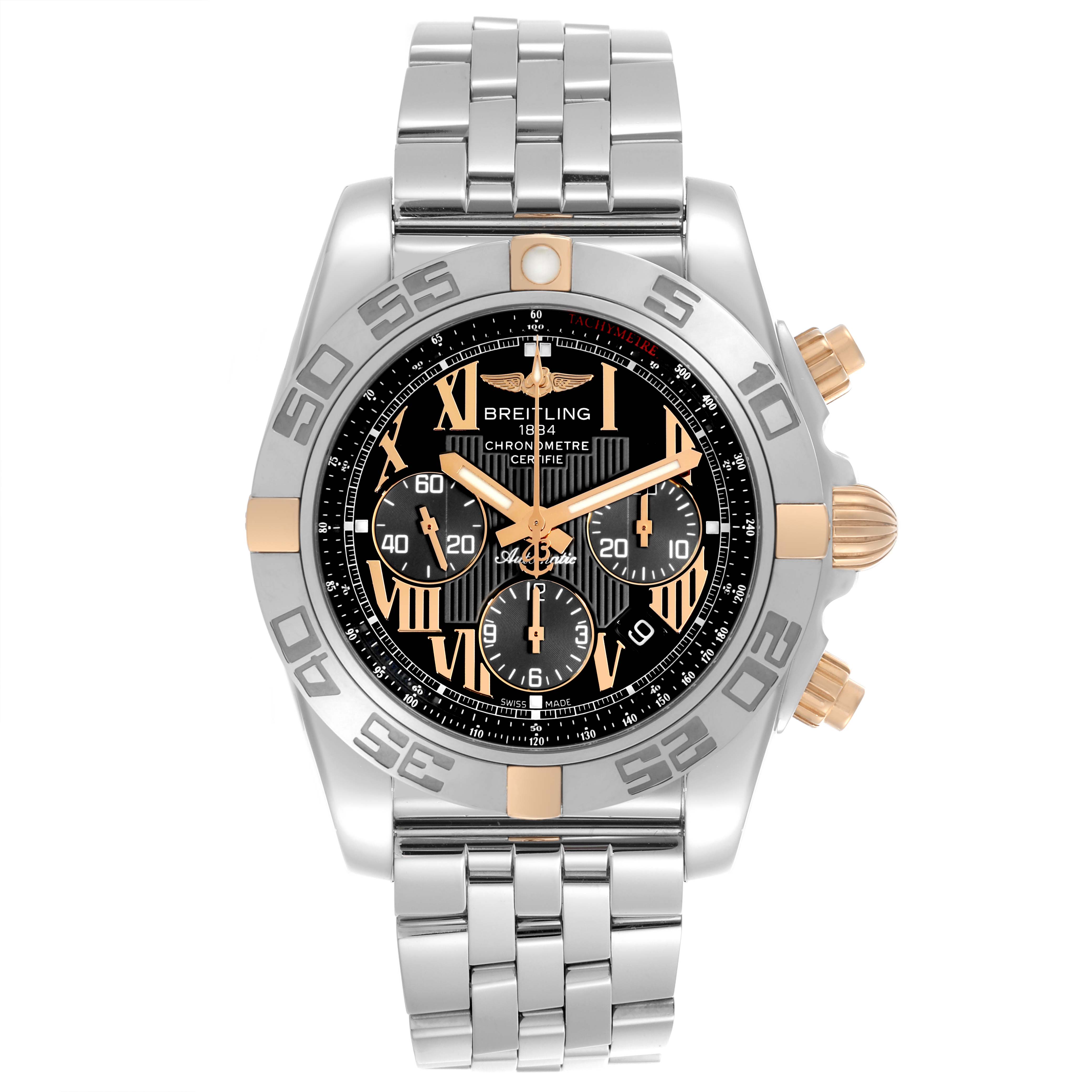 The Breitling Chronomat IB0110 Men's Steel and Gold (two tone) Black Dial IB0110 Men's Steel and Gold (two tone) Black Dial watch is shown from a front angle, displaying its face, bezel, crown, and metal bracelet.