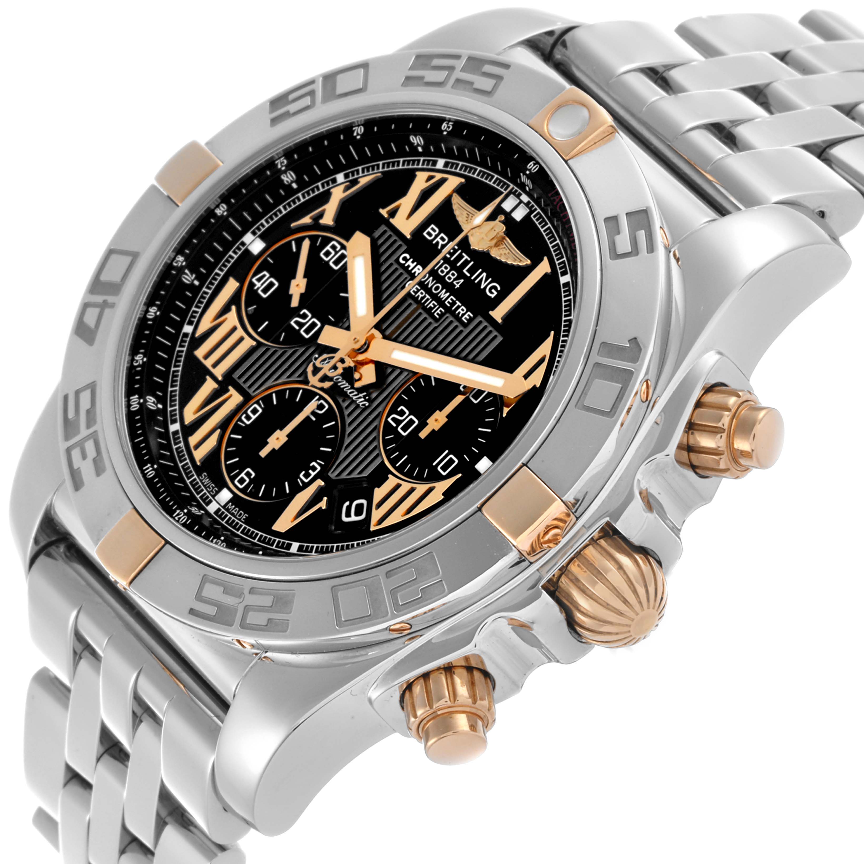The Breitling Chronomat IB0110 Men's Steel and Gold (two tone) Black Dial IB0110 Men's Steel and Gold (two tone) Black Dial watch is shown at a front-side angle, displaying the dial, bezel, and part of the bracelet.