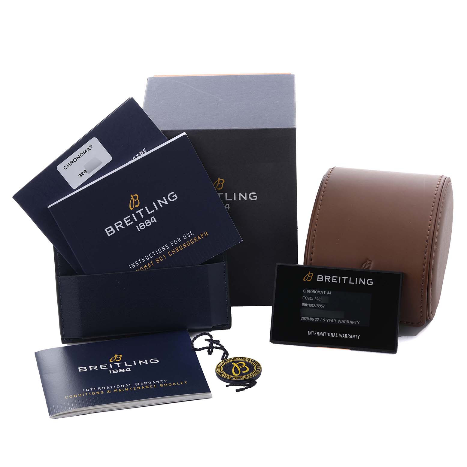 The image shows Breitling Chronomat IB0110 Men's Steel and Gold (two tone) Black Dial IB0110 Men's Steel and Gold (two tone) Black Dial packaging, manuals, warranty card, and a brown watch case.
