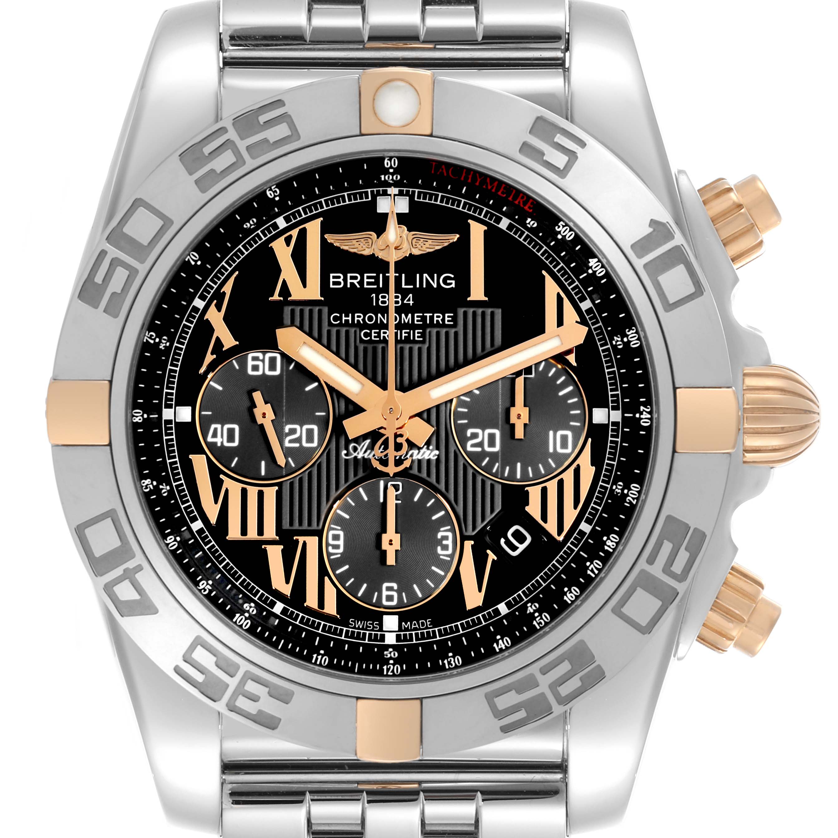 The Breitling Chronomat IB0110 Men's Steel and Gold (two tone) Black Dial IB0110 Men's Steel and Gold (two tone) Black Dial watch is shown from the front, displaying its bezel, subdials, and part of the bracelet.