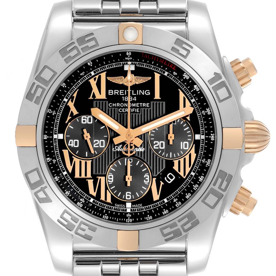 The Breitling Chronomat watch is shown from the front, displaying its bezel, subdials, and part of the bracelet.