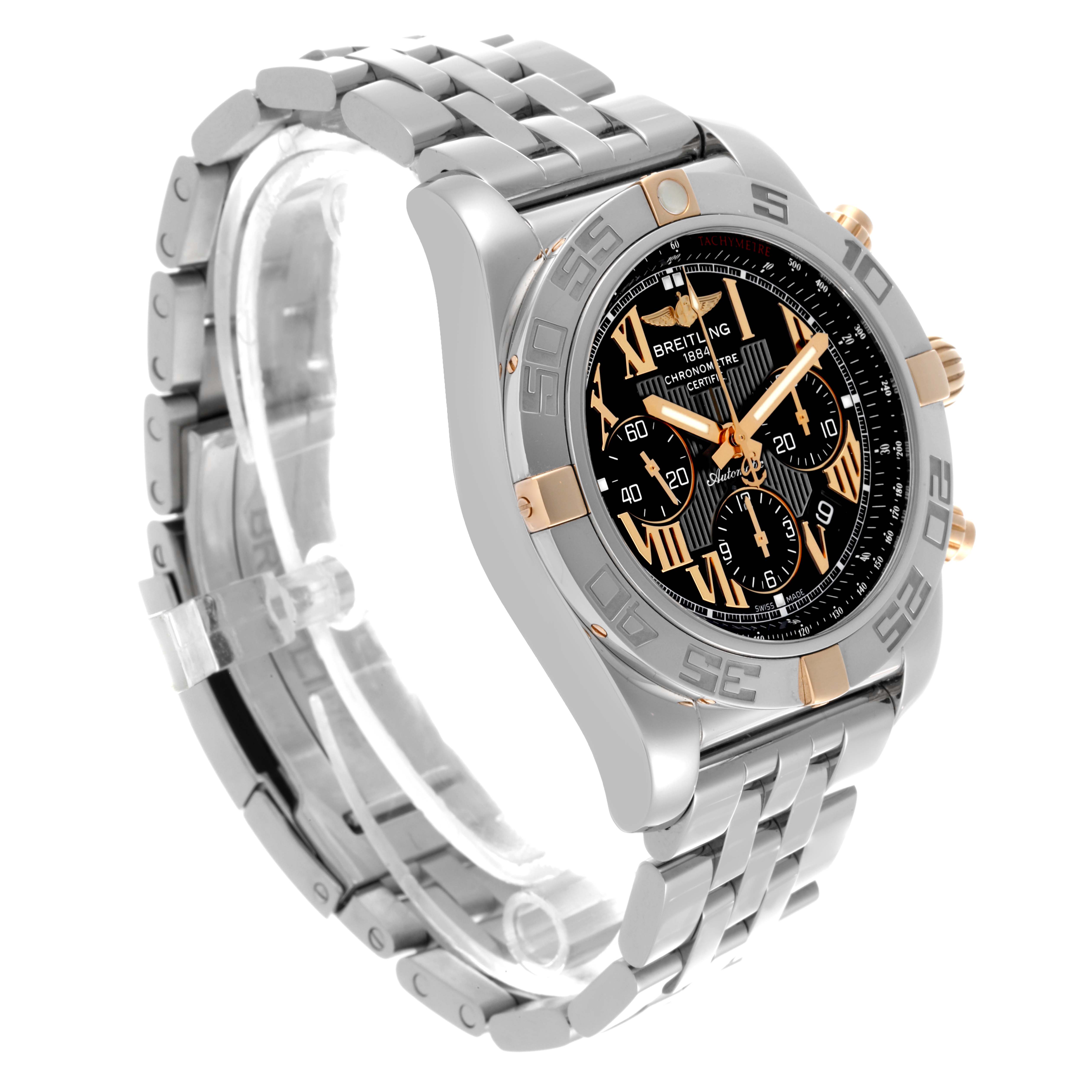 The Breitling Chronomat IB0110 Men's Steel and Gold (two tone) Black Dial IB0110 Men's Steel and Gold (two tone) Black Dial watch is shown at a slight angle, displaying the face, bezel, crown, pushers, and bracelet.