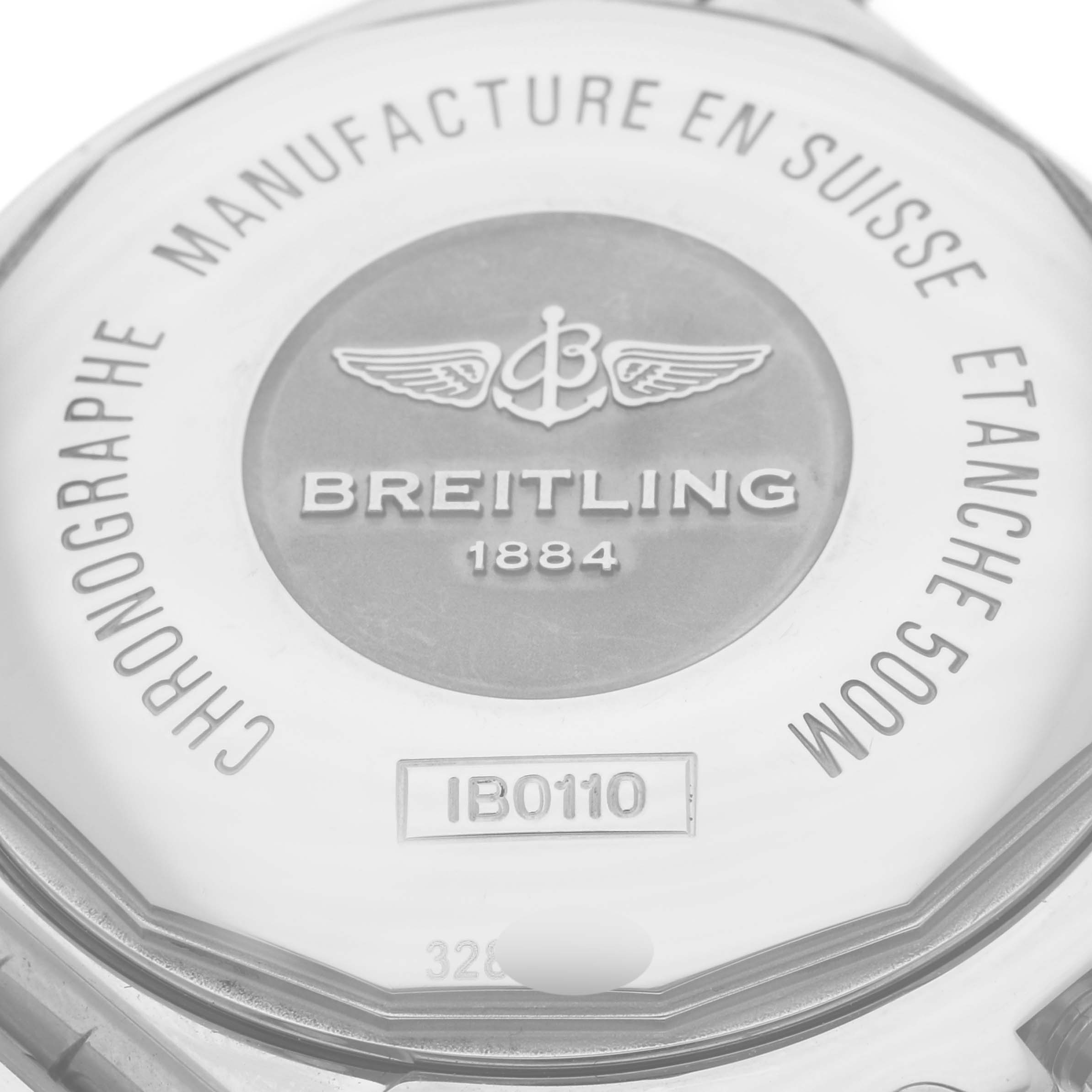 The image shows the back case of a Breitling Chronomat IB0110 Men's Steel and Gold (two tone) Black Dial IB0110 Men's Steel and Gold (two tone) Black Dial watch, featuring branding and model details.