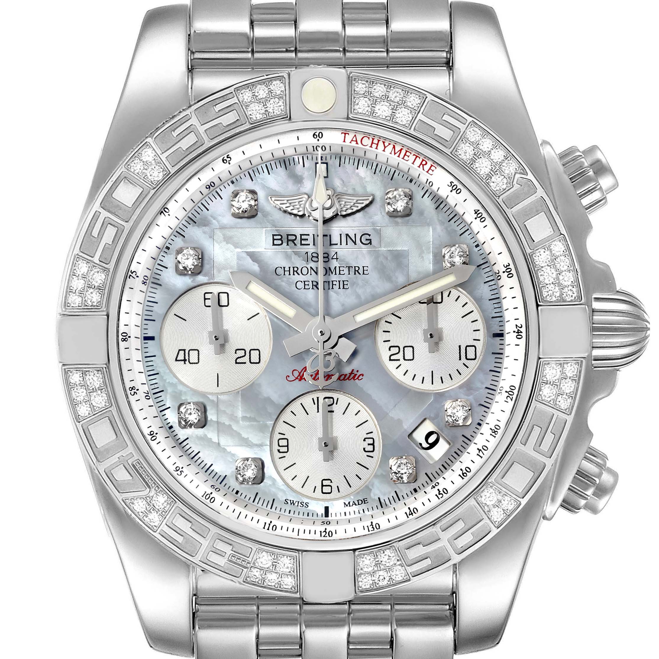 This Breitling Chronomat AB0140 Men's Stainless Steel Mother of Pearl Dial AB0140 Men's Stainless Steel Mother of Pearl Dial watch is shown from a front angle, displaying its dial, bezel, crown, and bracelet.