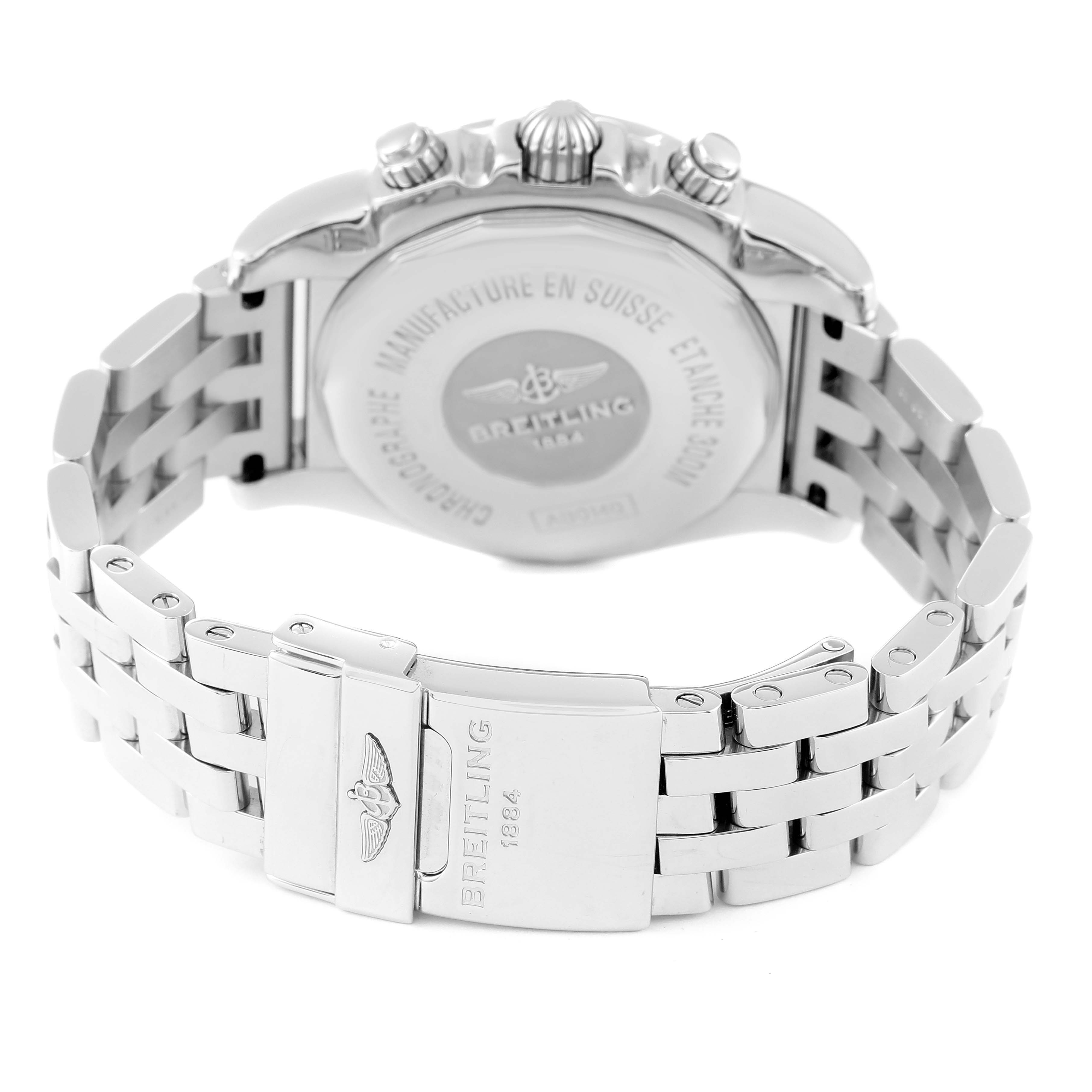 The image shows the back view of a Breitling Chronomat AB0140 Men's Stainless Steel Mother of Pearl Dial AB0140 Men's Stainless Steel Mother of Pearl Dial watch, focusing on the case back and bracelet clasp.