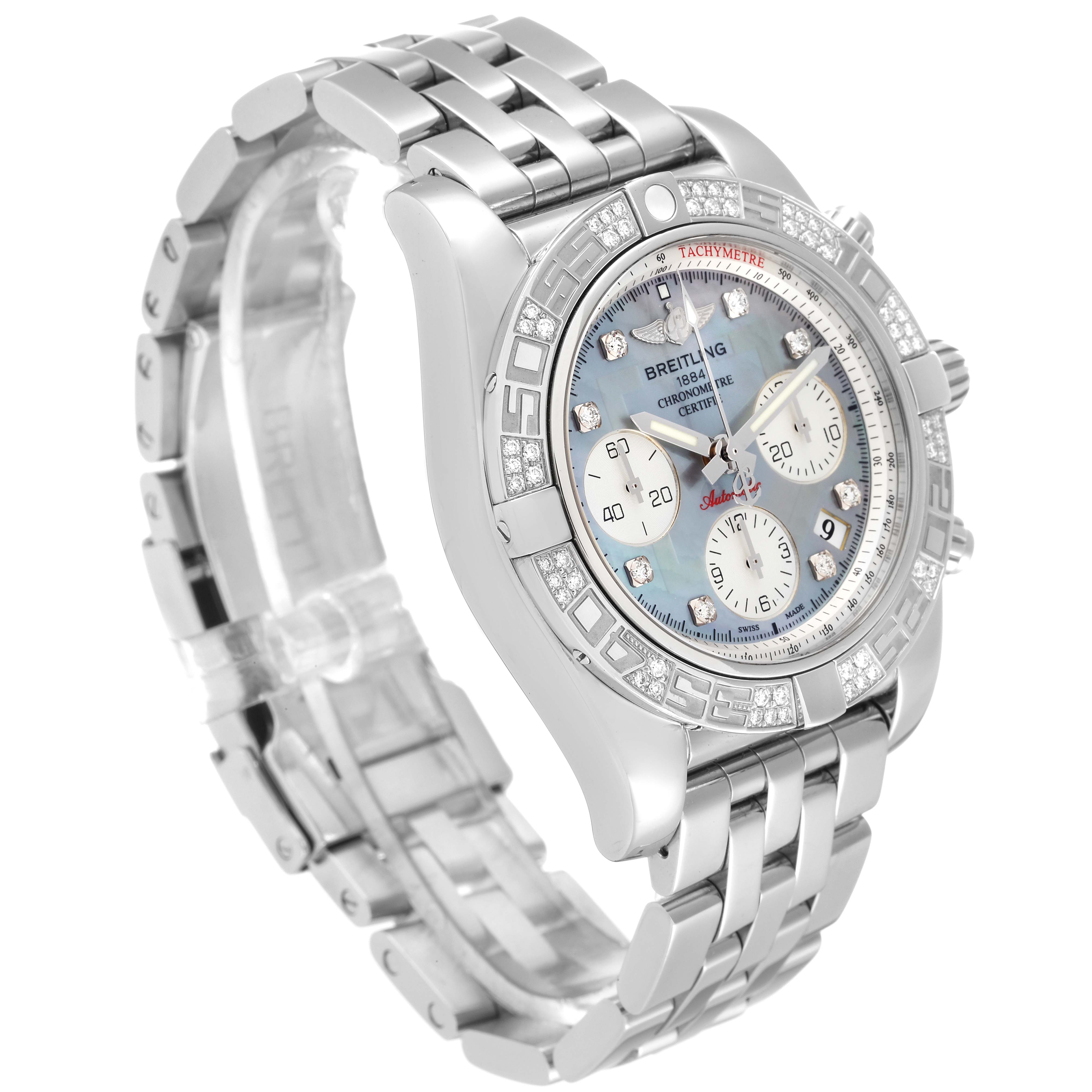 The Breitling Chronomat AB0140 Men's Stainless Steel Mother of Pearl Dial AB0140 Men's Stainless Steel Mother of Pearl Dial watch is shown at a three-quarter angle, detailing the dial, bezel, and metal bracelet.