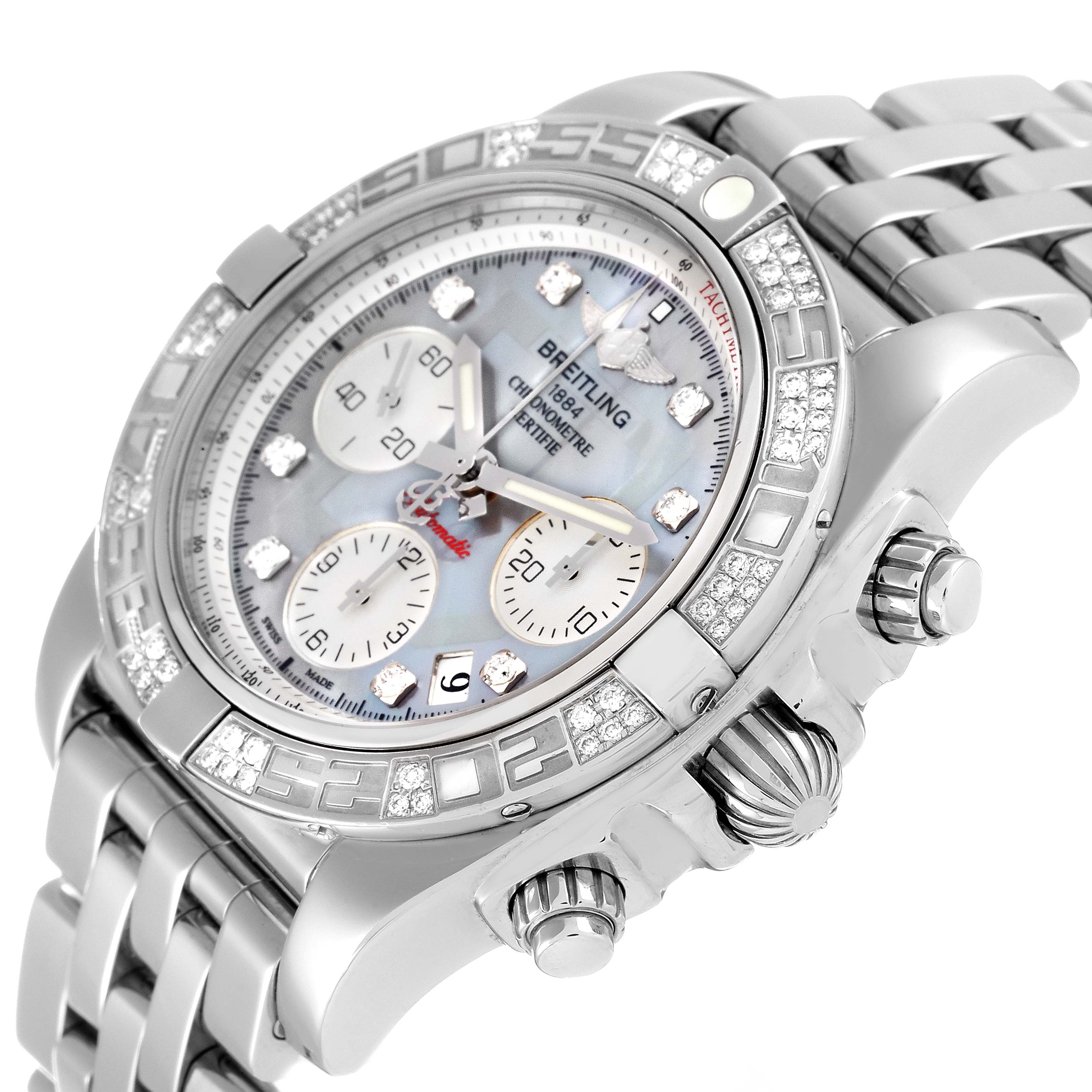 The image shows a Breitling Chronomat AB0140 Men's Stainless Steel Mother of Pearl Dial AB0140 Men's Stainless Steel Mother of Pearl Dial watch at a slight angle, highlighting the face, bezel, and side buttons.