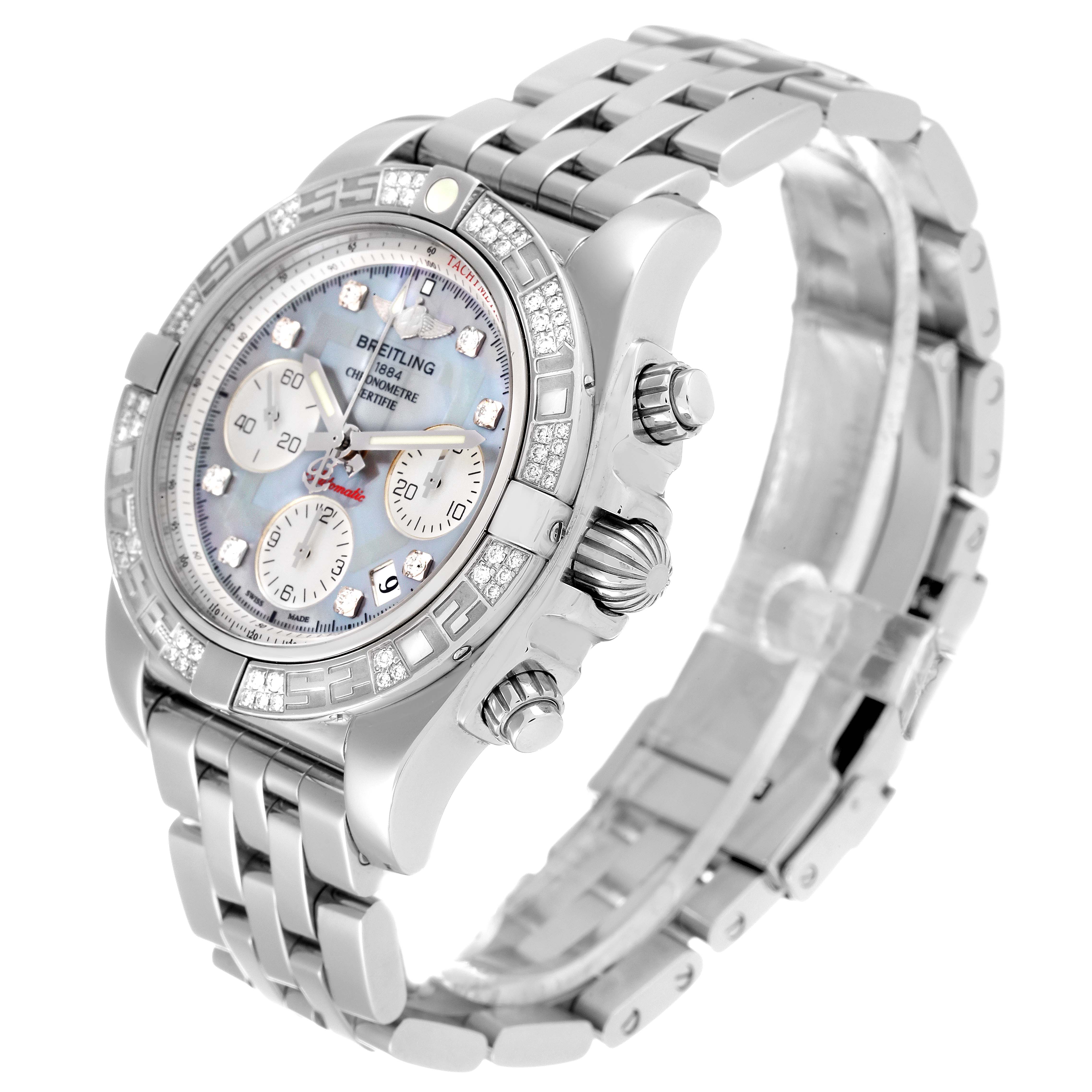 The image shows a Breitling Chronomat AB0140 Men's Stainless Steel Mother of Pearl Dial AB0140 Men's Stainless Steel Mother of Pearl Dial watch from an angled view, highlighting its bracelet, bezel, and dial details.