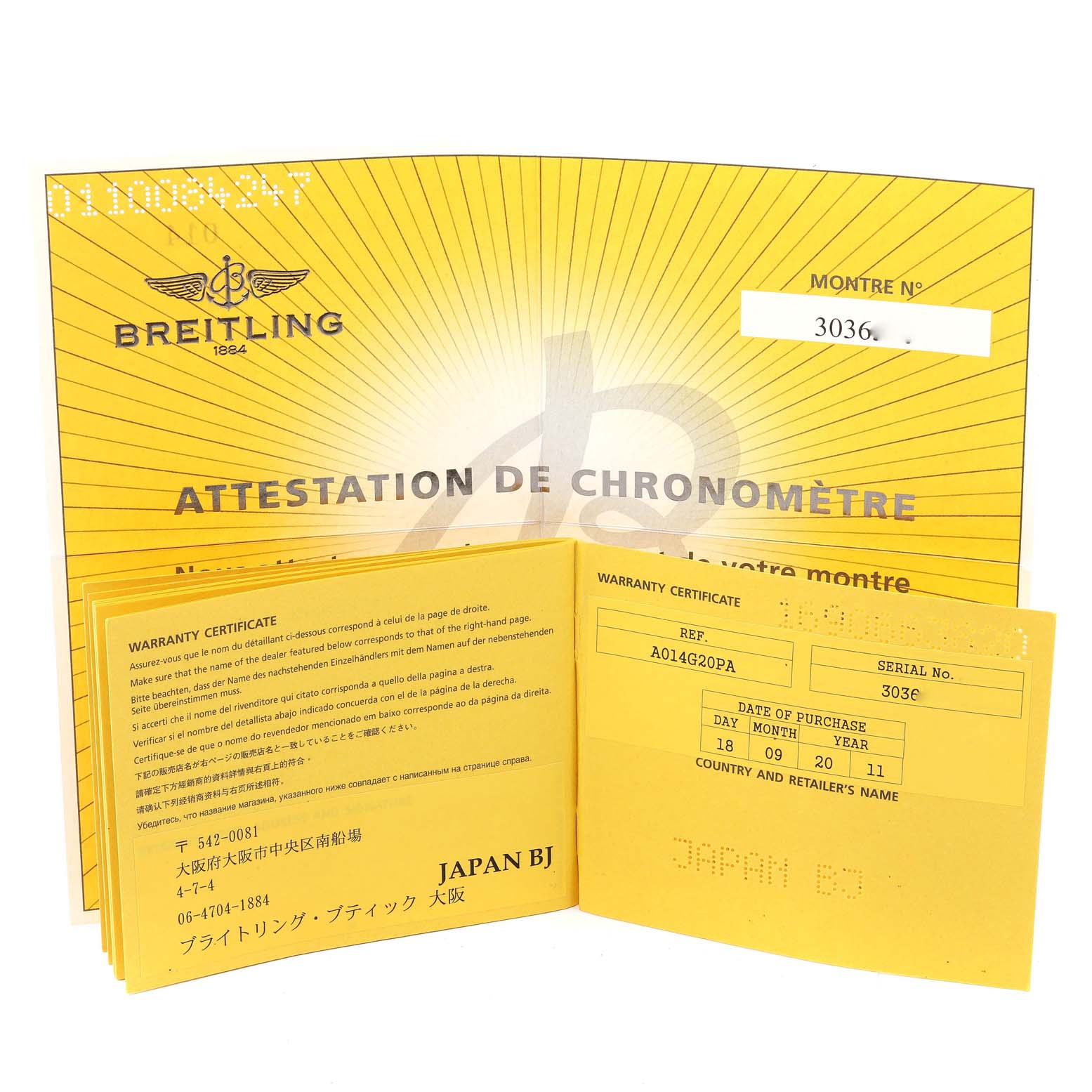 The image shows the warranty certificate and chronometer attestation booklet for a Breitling Chronomat AB0140 Men's Stainless Steel Mother of Pearl Dial AB0140 Men's Stainless Steel Mother of Pearl Dial watch.
