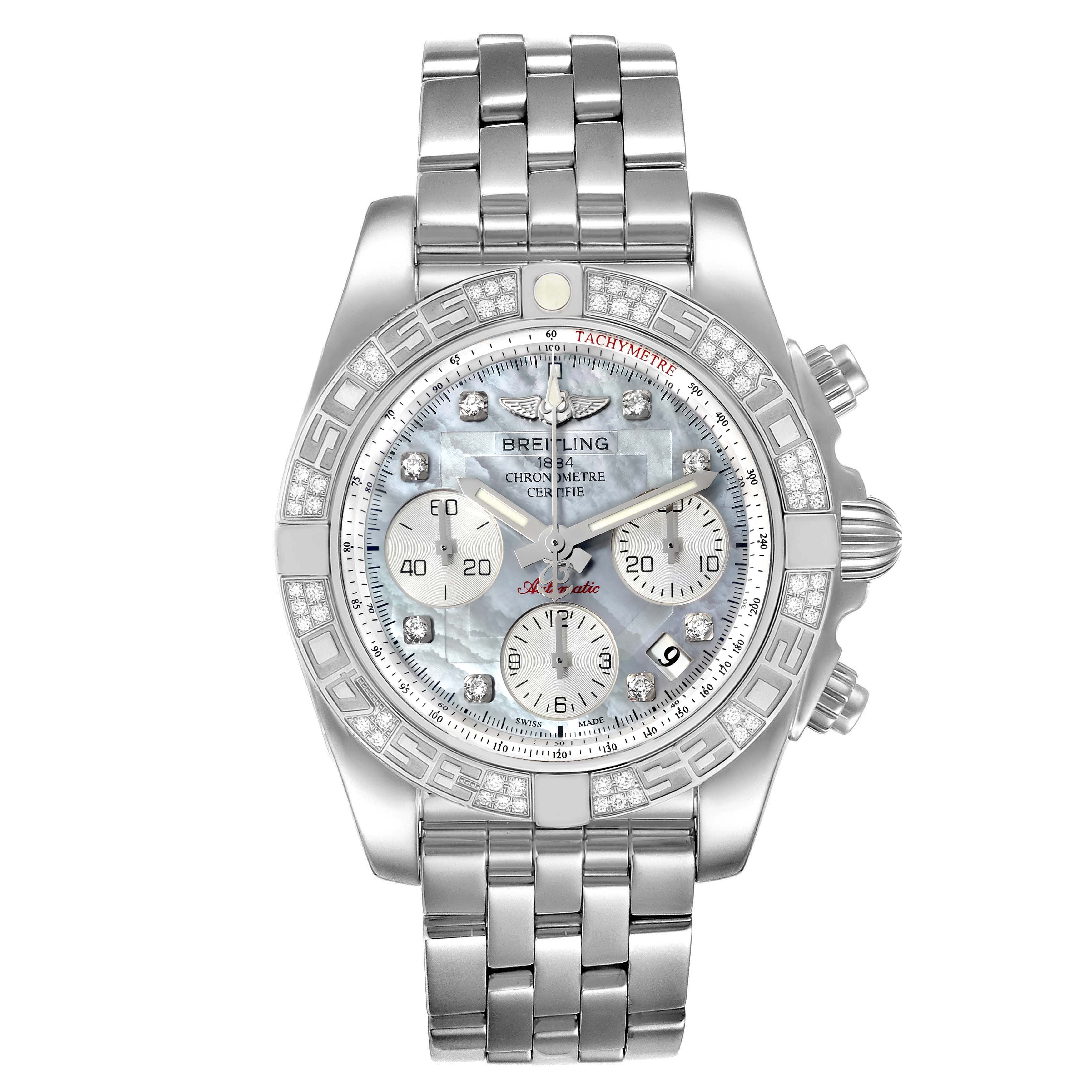 This is a front view of the Breitling Chronomat AB0140 Men's Stainless Steel Mother of Pearl Dial AB0140 Men's Stainless Steel Mother of Pearl Dial watch showing the dial, bezel, and full metal bracelet.