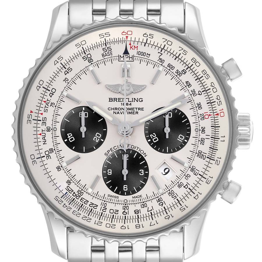 The Breitling Navitimer watch is shown from a front angle, featuring its detailed dial and stainless steel bracelet.