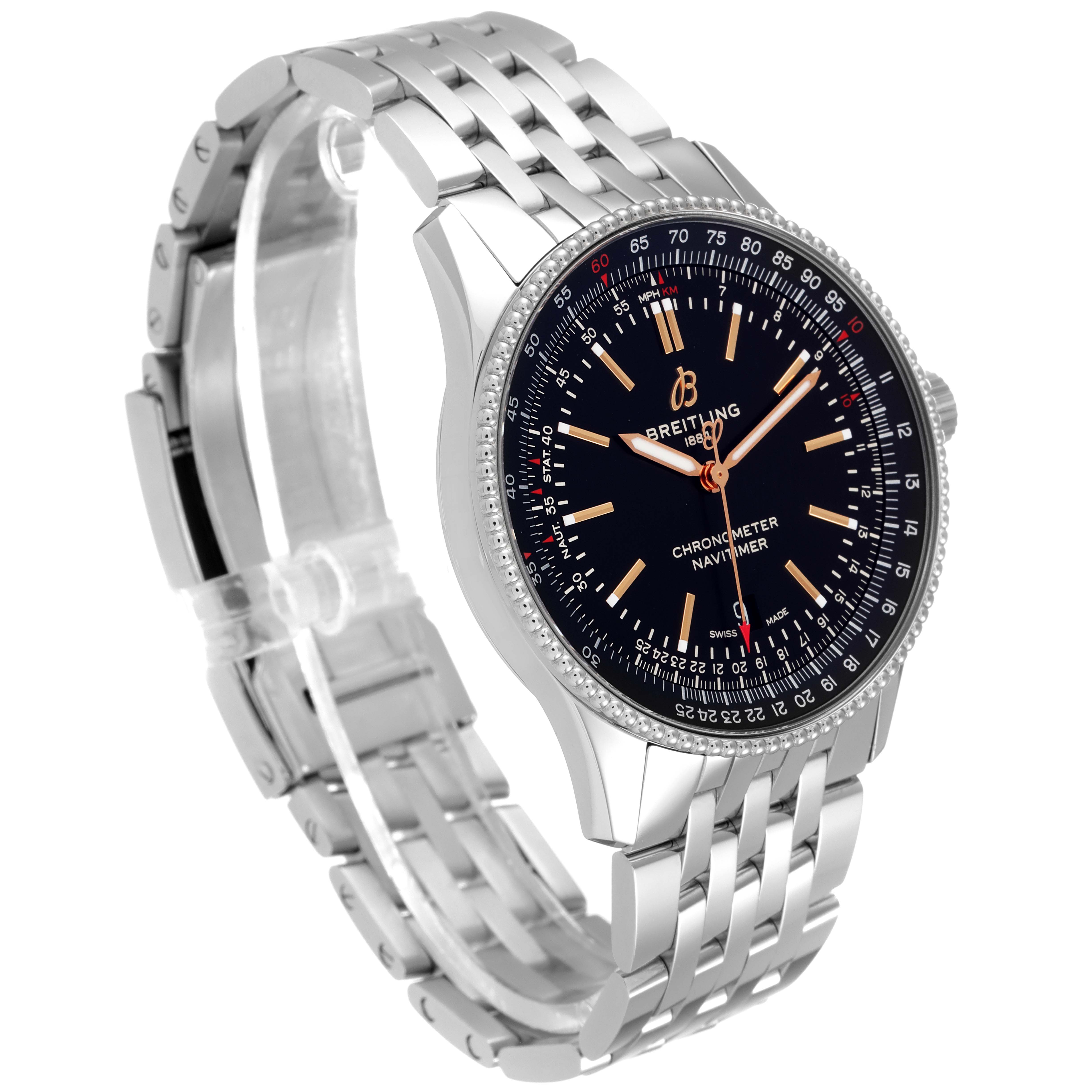 The image shows a side angle view of a Breitling Navitimer A17326 Men's Stainless Steel Black Dial A17326 Men's Stainless Steel Black Dial watch, highlighting its face, bezel, and metal bracelet.