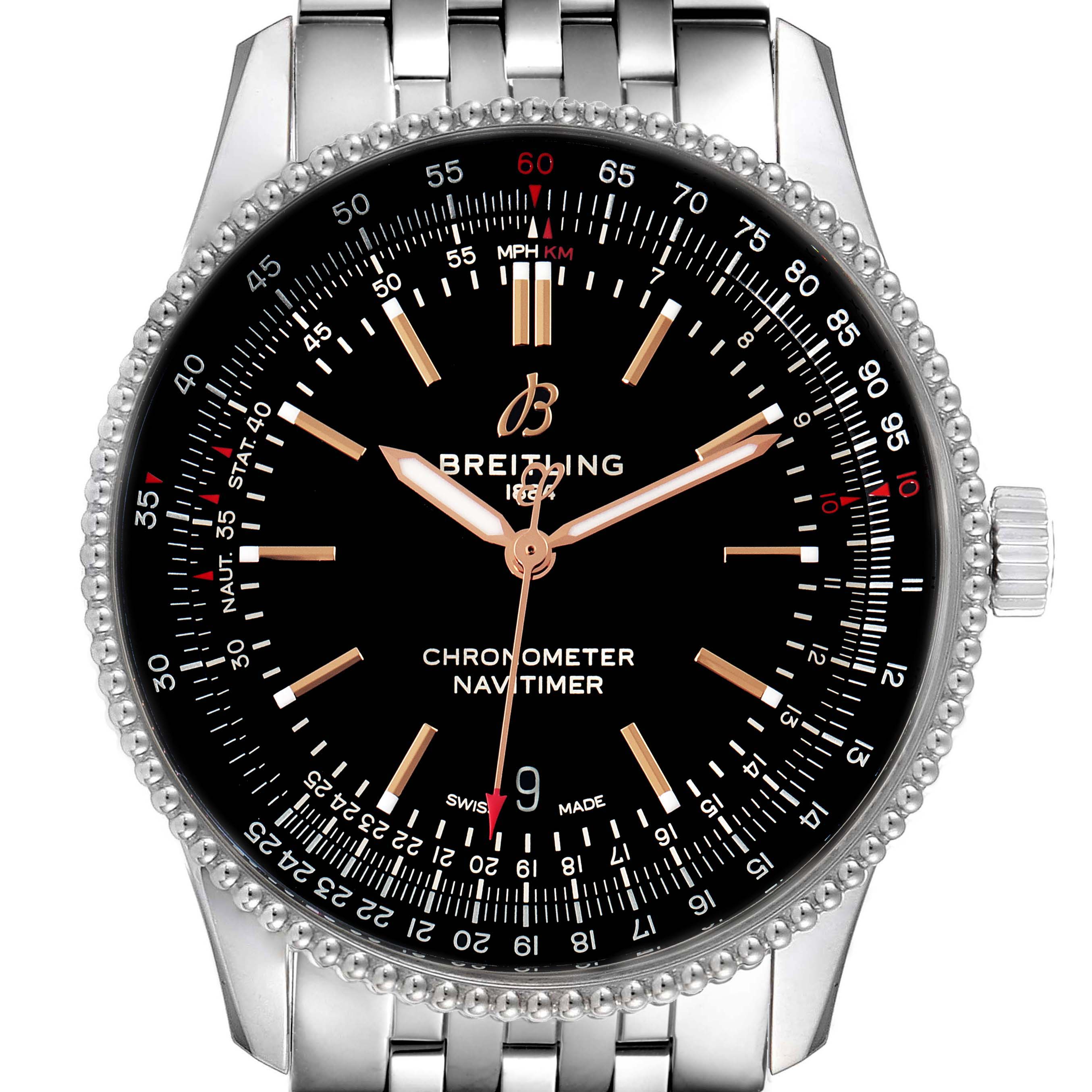 The image shows a close-up, front view of a Breitling Navitimer A17326 Men's Stainless Steel Black Dial A17326 Men's Stainless Steel Black Dial chronometer watch, highlighting its dial, bezel, and stainless steel bracelet.