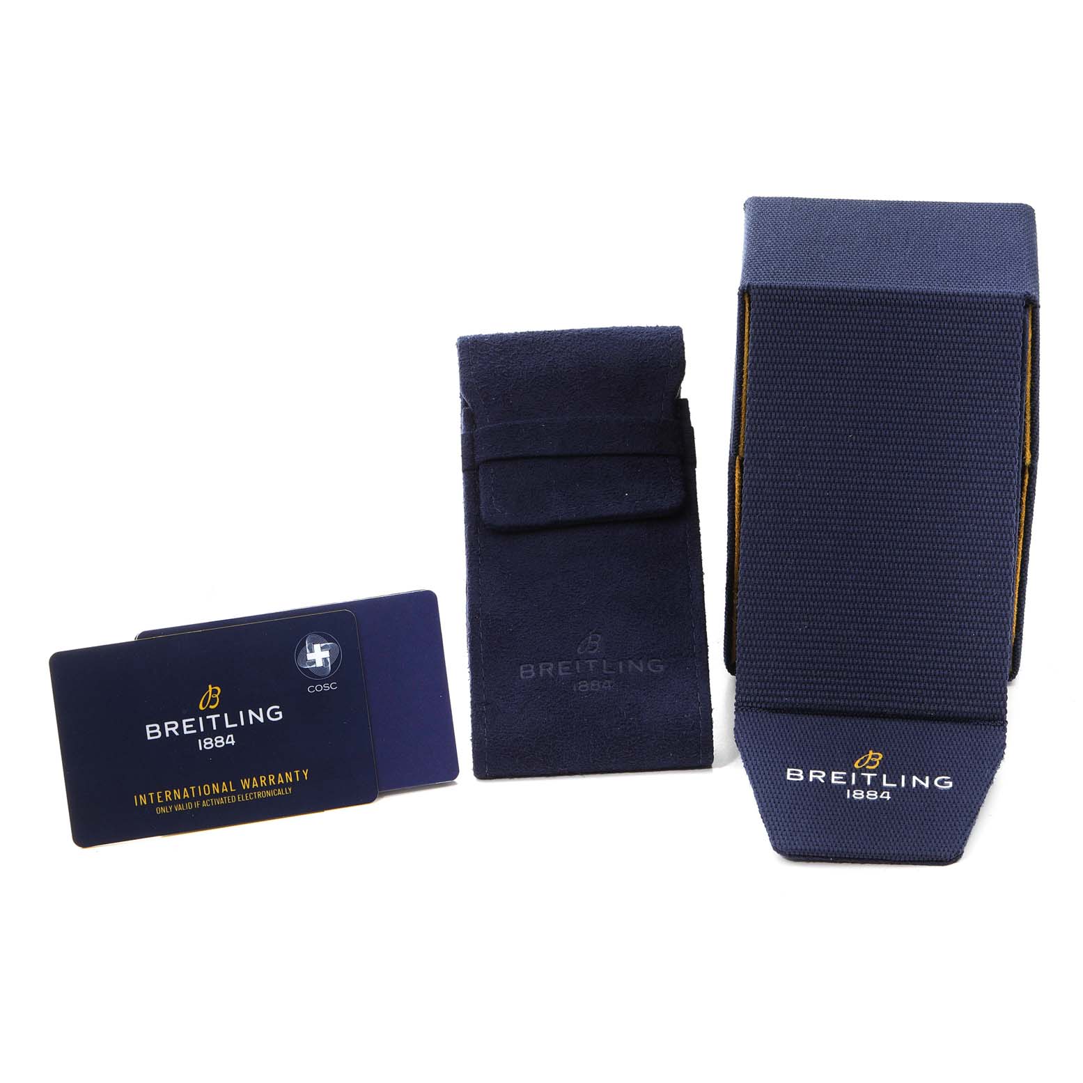 The image shows accessories for the Breitling Navitimer A17326 Men's Stainless Steel Black Dial A17326 Men's Stainless Steel Black Dial watch, including an international warranty card, a soft pouch, and a box.