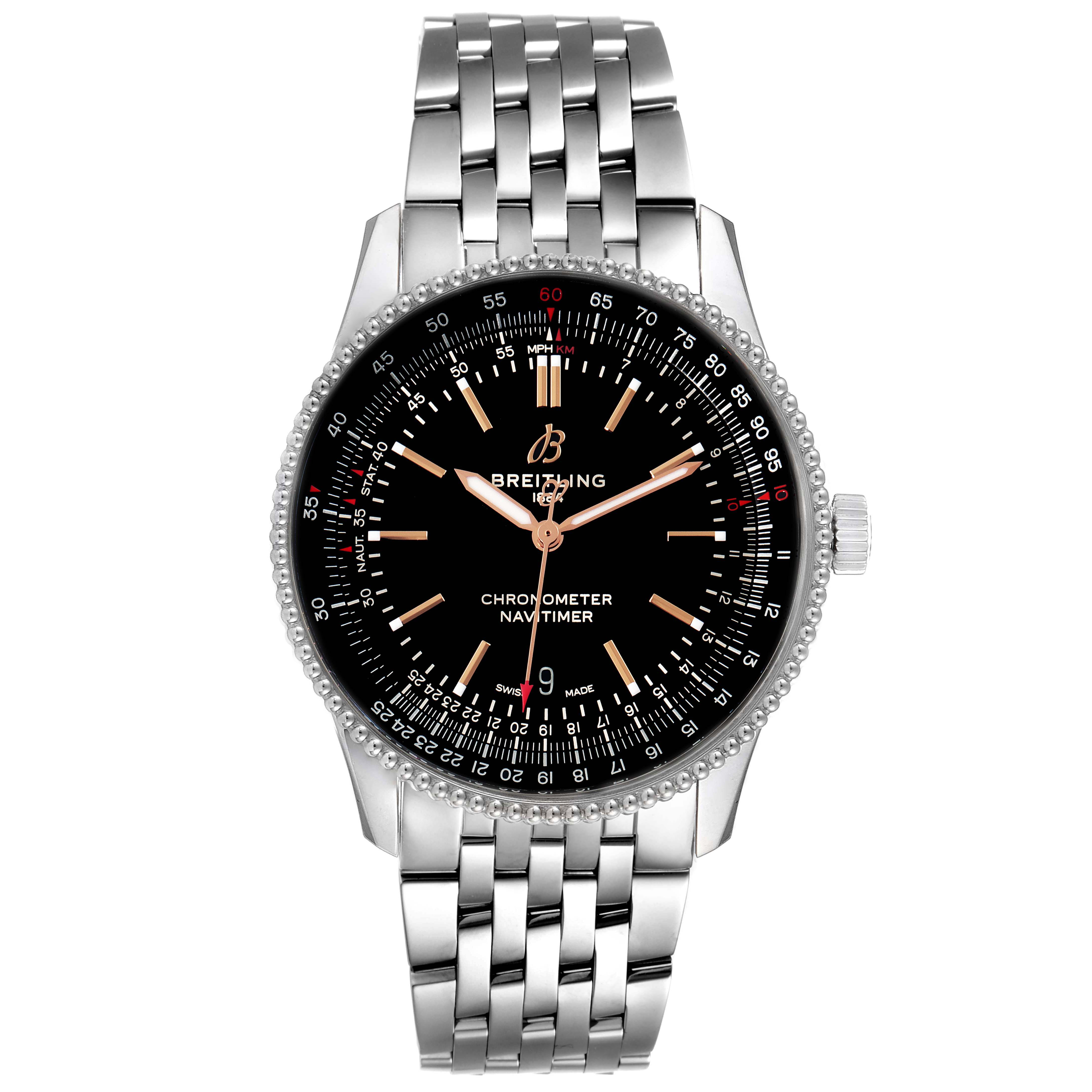 The image shows a front view of a Breitling Navitimer A17326 Men's Stainless Steel Black Dial A17326 Men's Stainless Steel Black Dial watch with a black dial and a stainless steel bracelet.