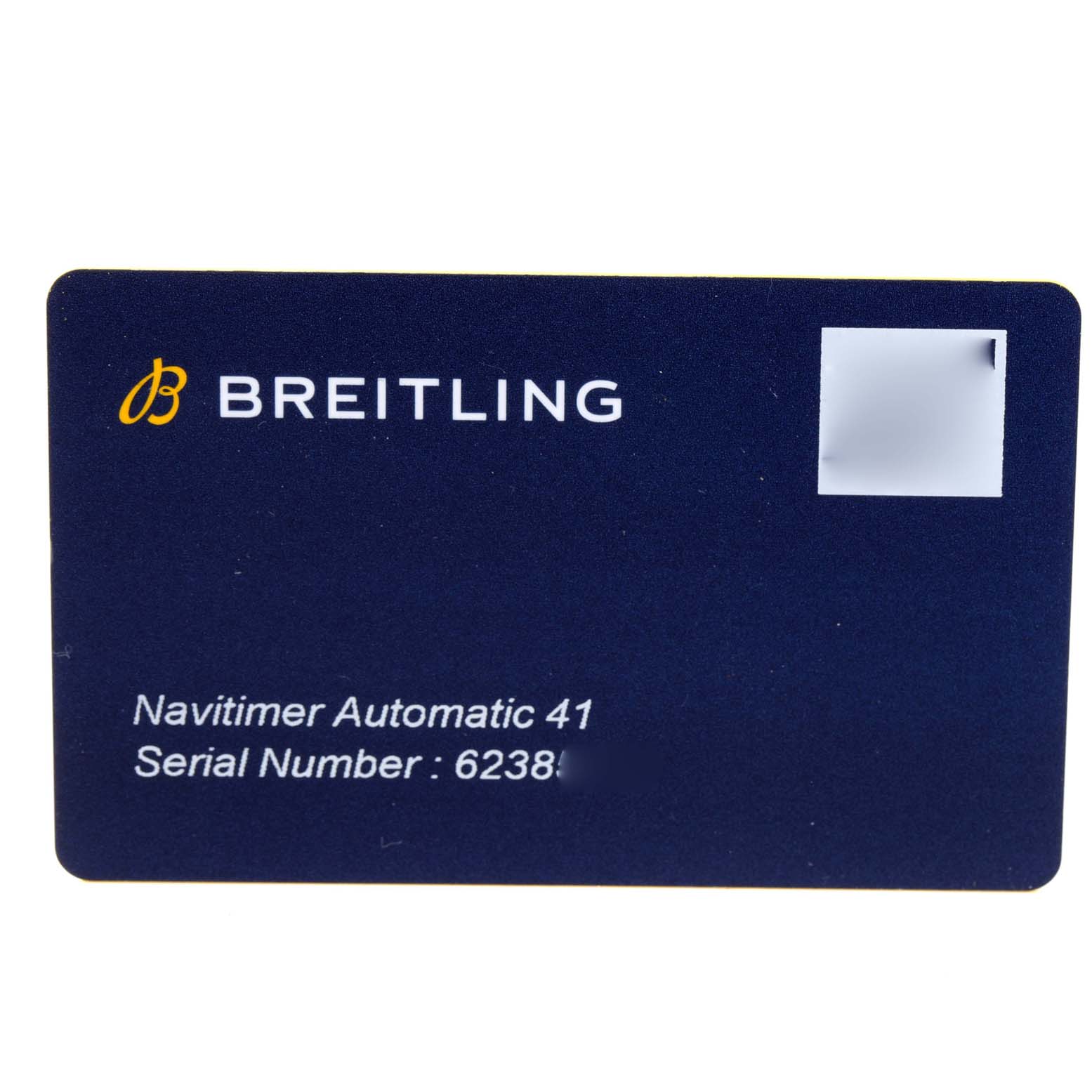 The image shows a Breitling Navitimer A17326 Men's Stainless Steel Black Dial A17326 Men's Stainless Steel Black Dial Automatic 41 card with the model name and partial serial number displayed.