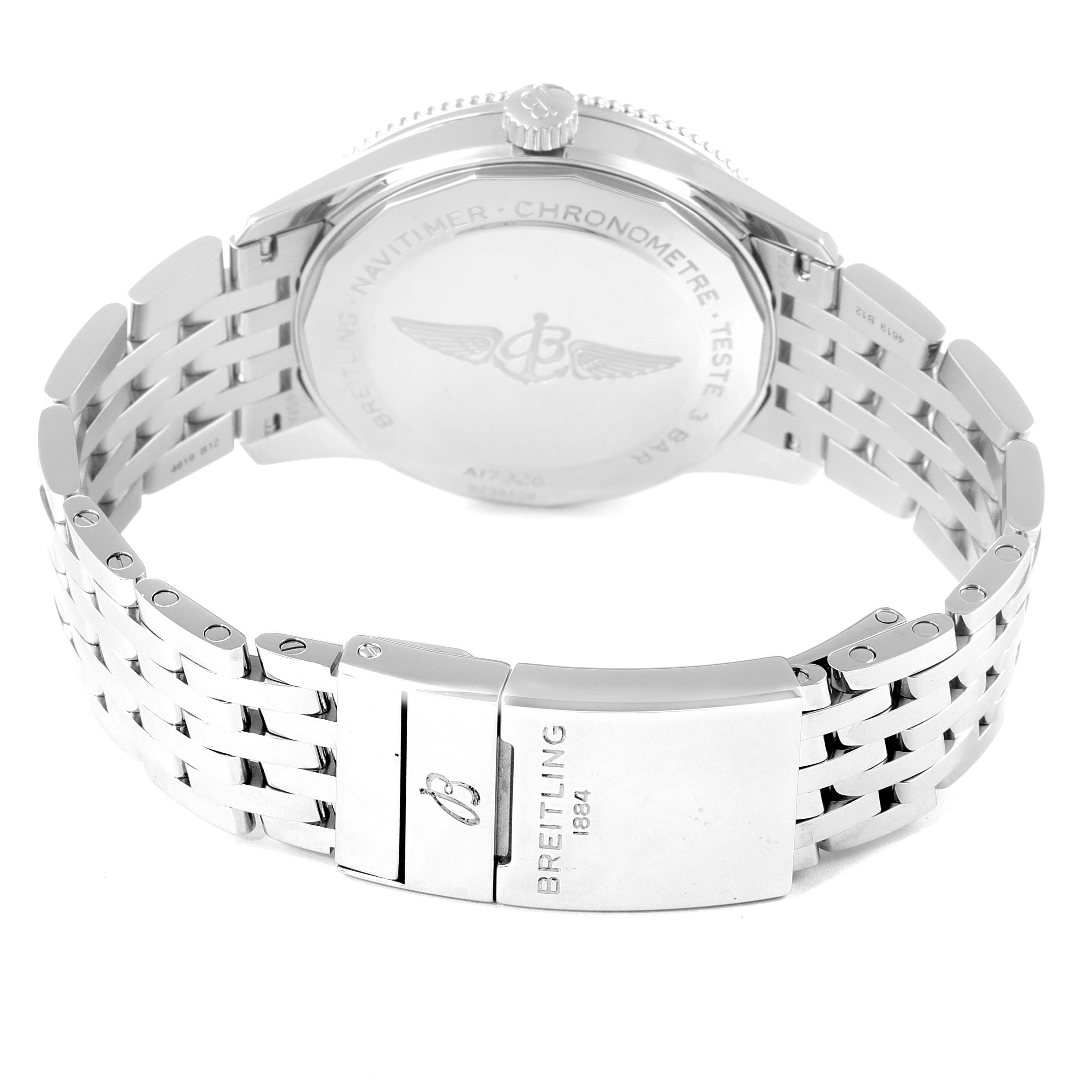 The image shows the back case and bracelet clasp of a Breitling Navitimer A17326 Men's Stainless Steel Black Dial A17326 Men's Stainless Steel Black Dial watch, viewed from a rear angle.