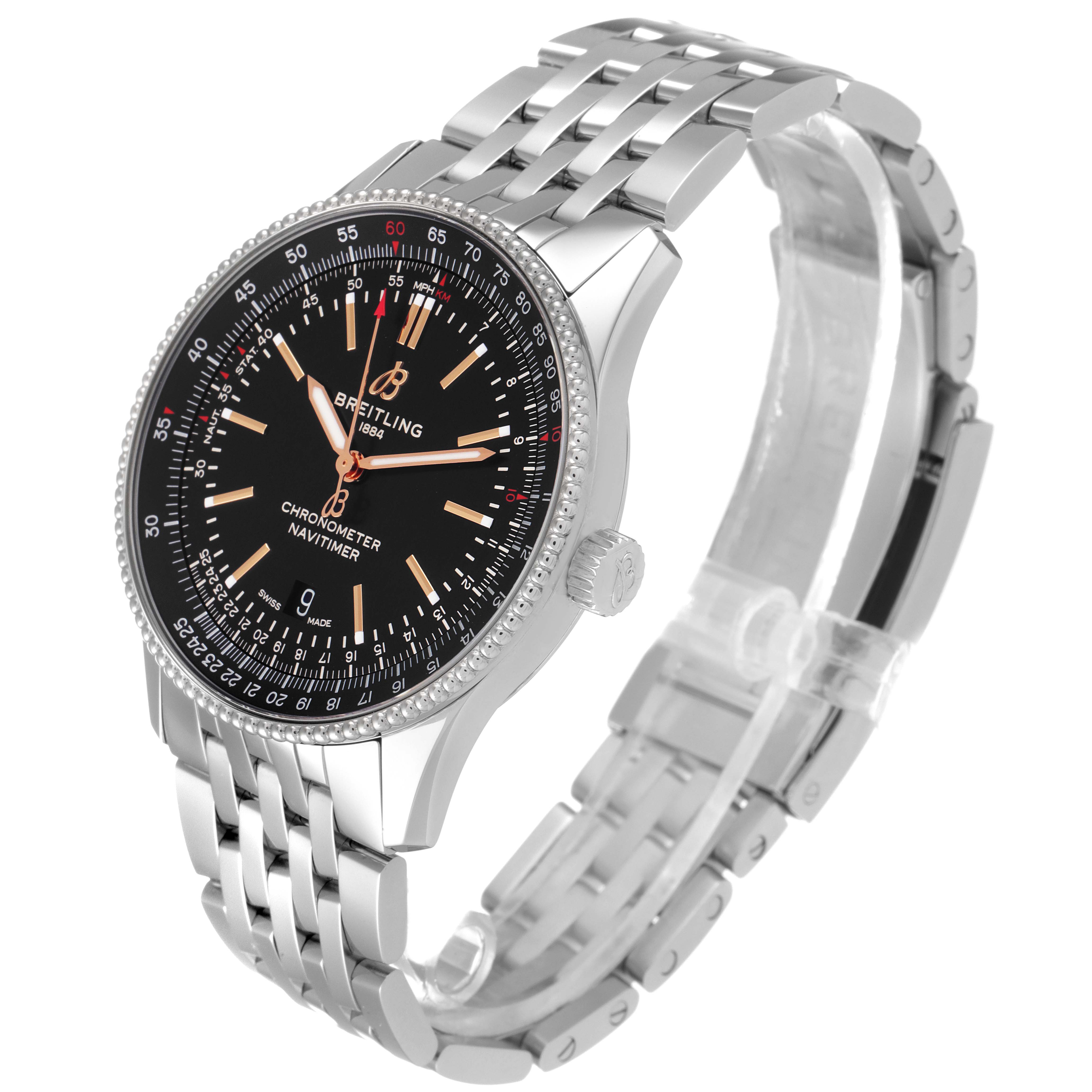 The image shows a side angle view of a Breitling Navitimer A17326 Men's Stainless Steel Black Dial A17326 Men's Stainless Steel Black Dial watch, highlighting the bracelet, case, and dial.