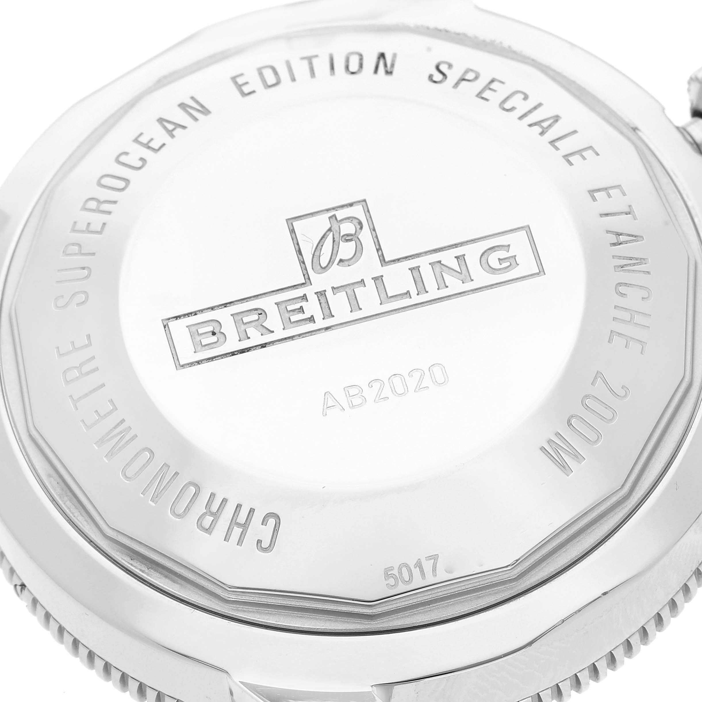 The image shows the back case of a Breitling Superocean AB2020121B1A1 Men's Stainless Steel Black Dial AB2020121B1A1 Men's Stainless Steel Black Dial watch, highlighting its branding and model details.