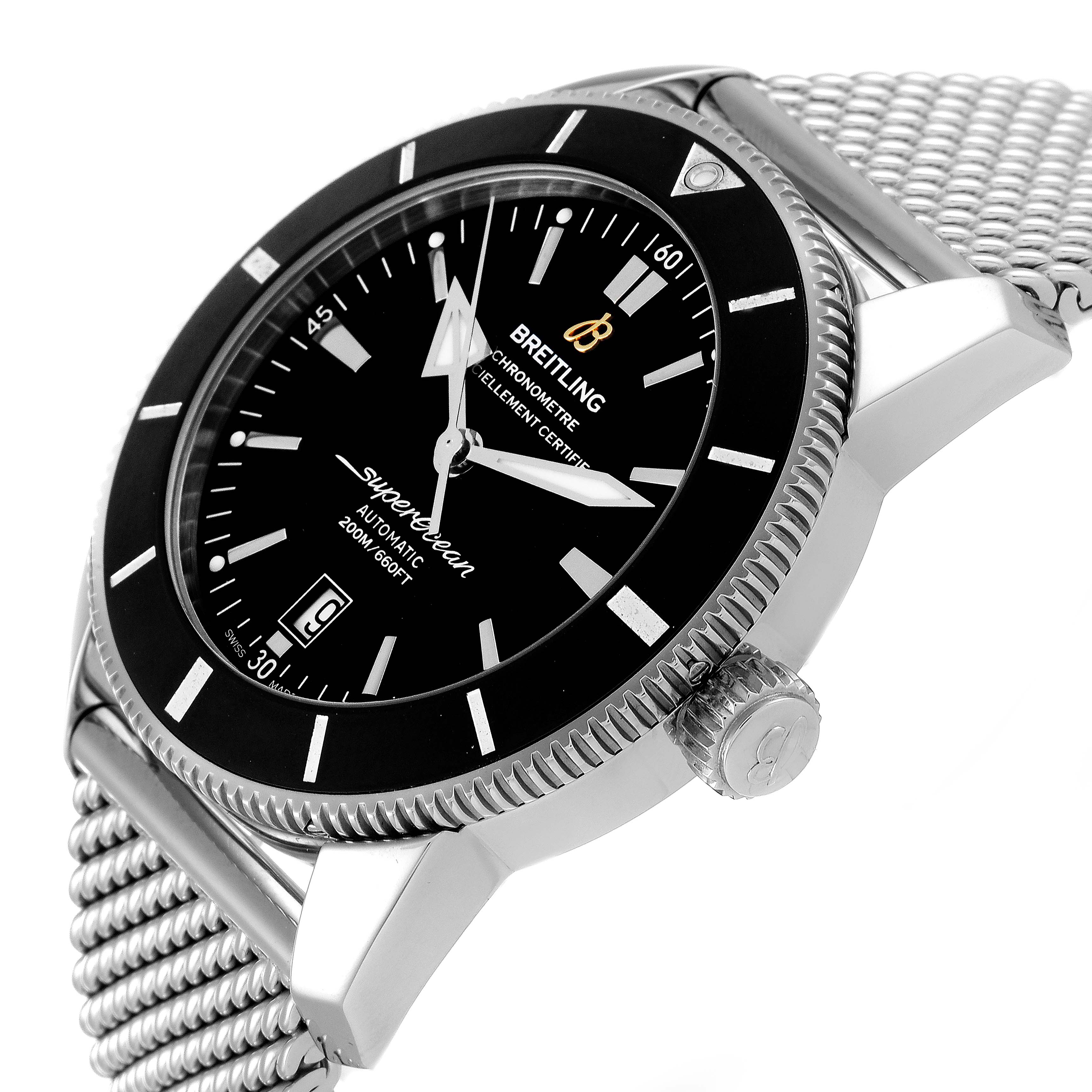 The image shows a Breitling Superocean AB2020121B1A1 Men's Stainless Steel Black Dial AB2020121B1A1 Men's Stainless Steel Black Dial watch at an angled close-up, displaying the dial, bezel, crown, and part of the mesh bracelet.