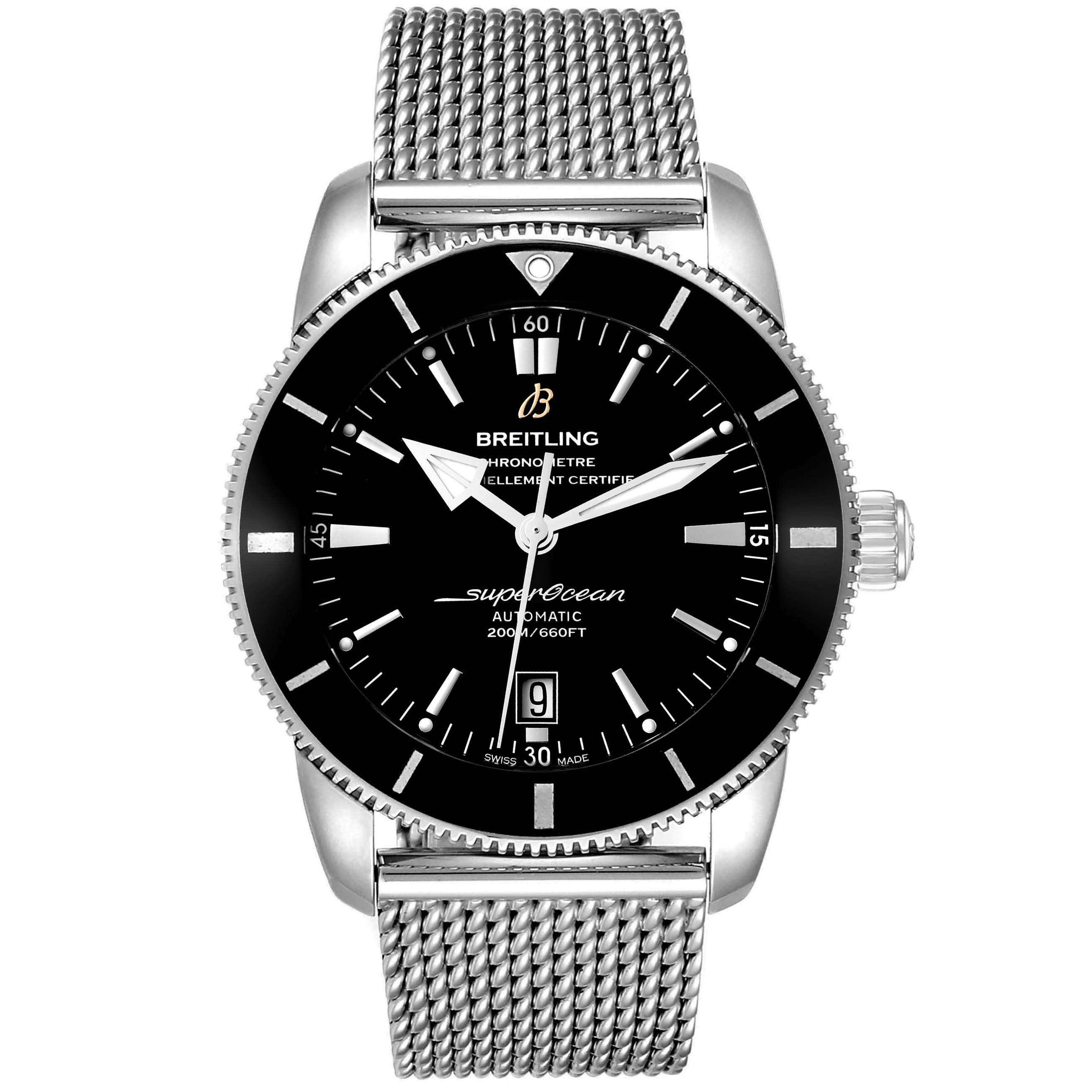 The image shows a frontal view of the Breitling Superocean AB2020121B1A1 Men's Stainless Steel Black Dial AB2020121B1A1 Men's Stainless Steel Black Dial model watch, highlighting the dial, bezel, and mesh bracelet.
