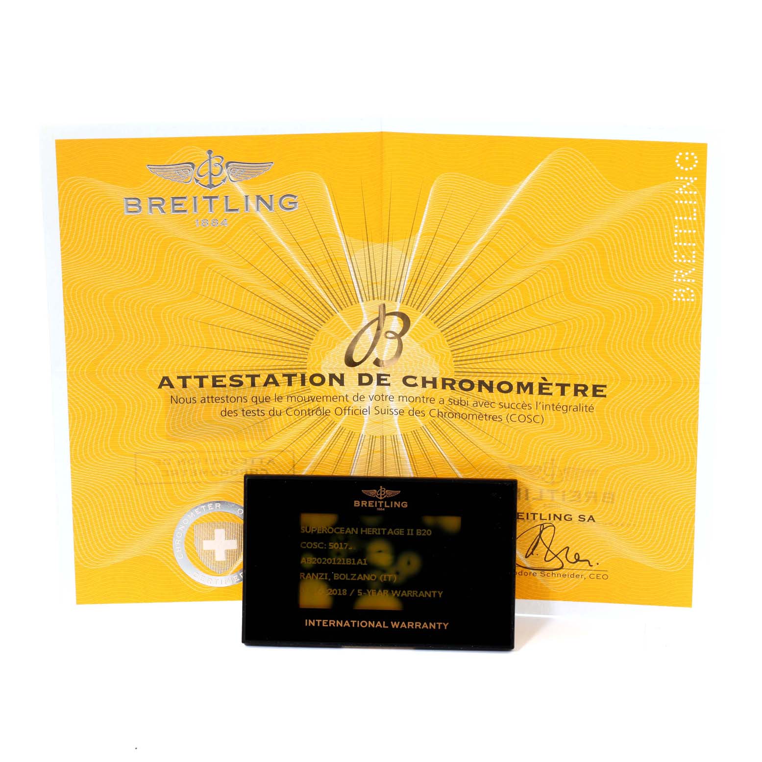 The image shows the chronometer certificate and international warranty card for a Breitling Superocean AB2020121B1A1 Men's Stainless Steel Black Dial AB2020121B1A1 Men's Stainless Steel Black Dial watch.