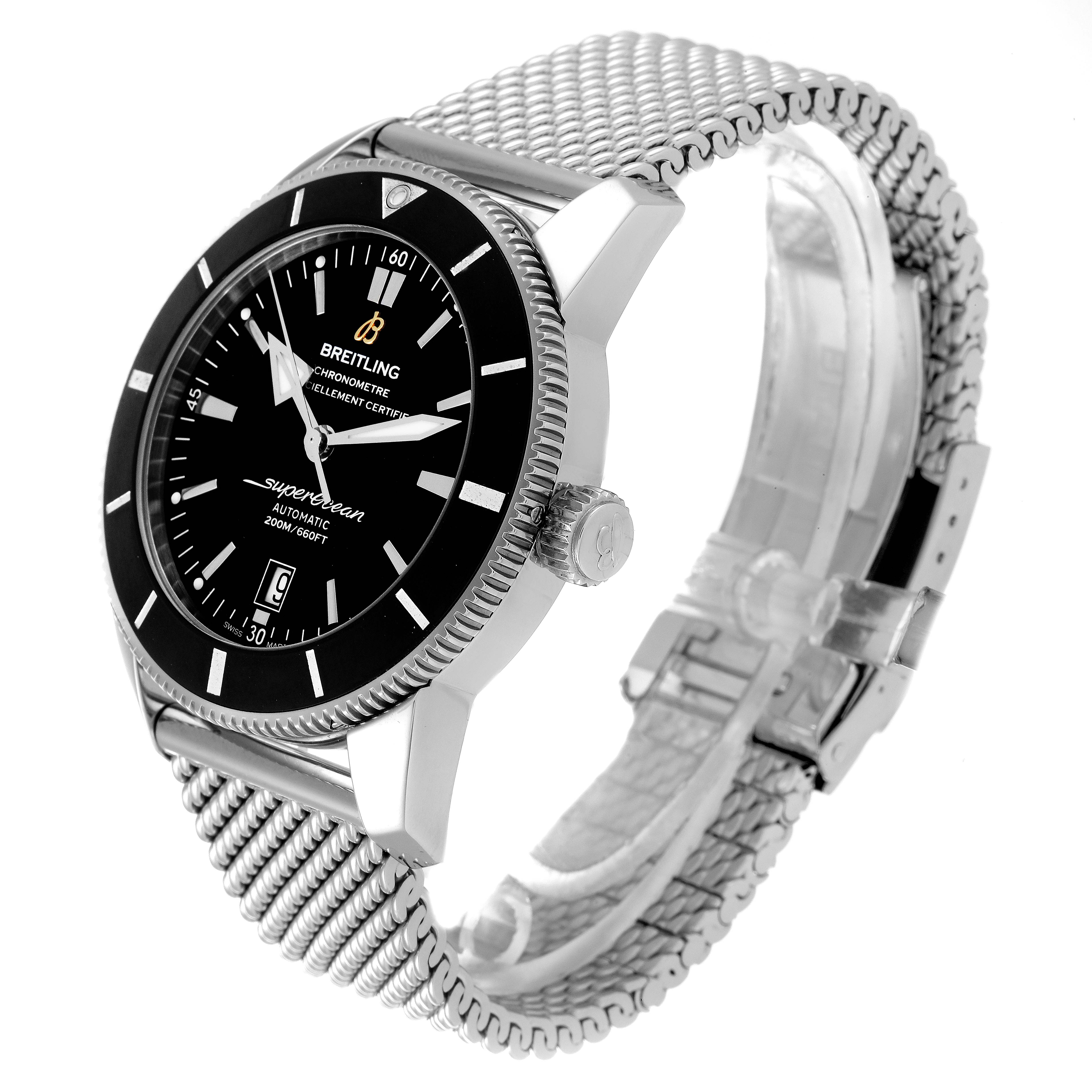 The image shows a Breitling Superocean AB2020121B1A1 Men's Stainless Steel Black Dial AB2020121B1A1 Men's Stainless Steel Black Dial watch from a side angle, highlighting the face, bezel, crown, and mesh band.