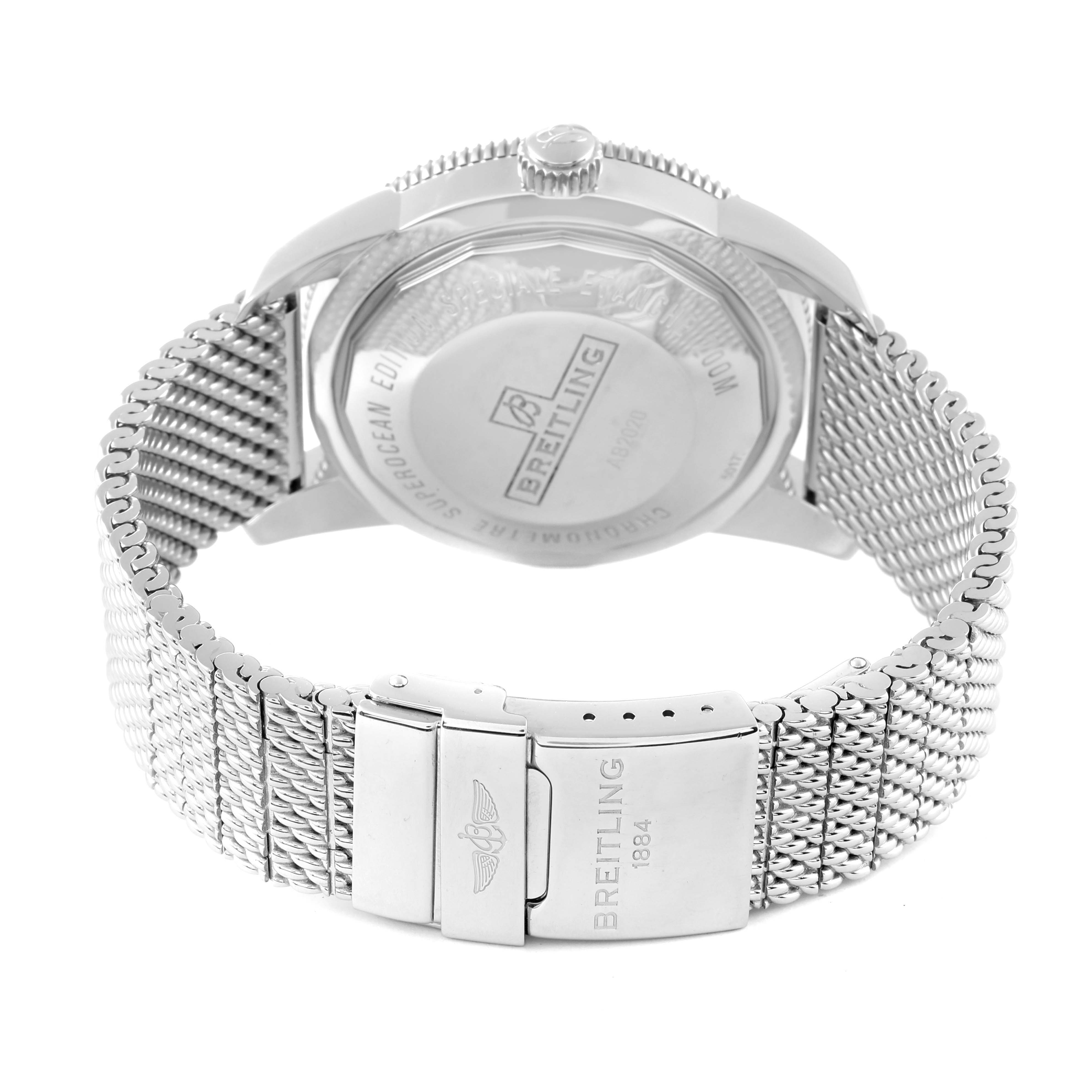The image shows the back of a Breitling Superocean AB2020121B1A1 Men's Stainless Steel Black Dial AB2020121B1A1 Men's Stainless Steel Black Dial watch and its metal mesh strap with a closed clasp.