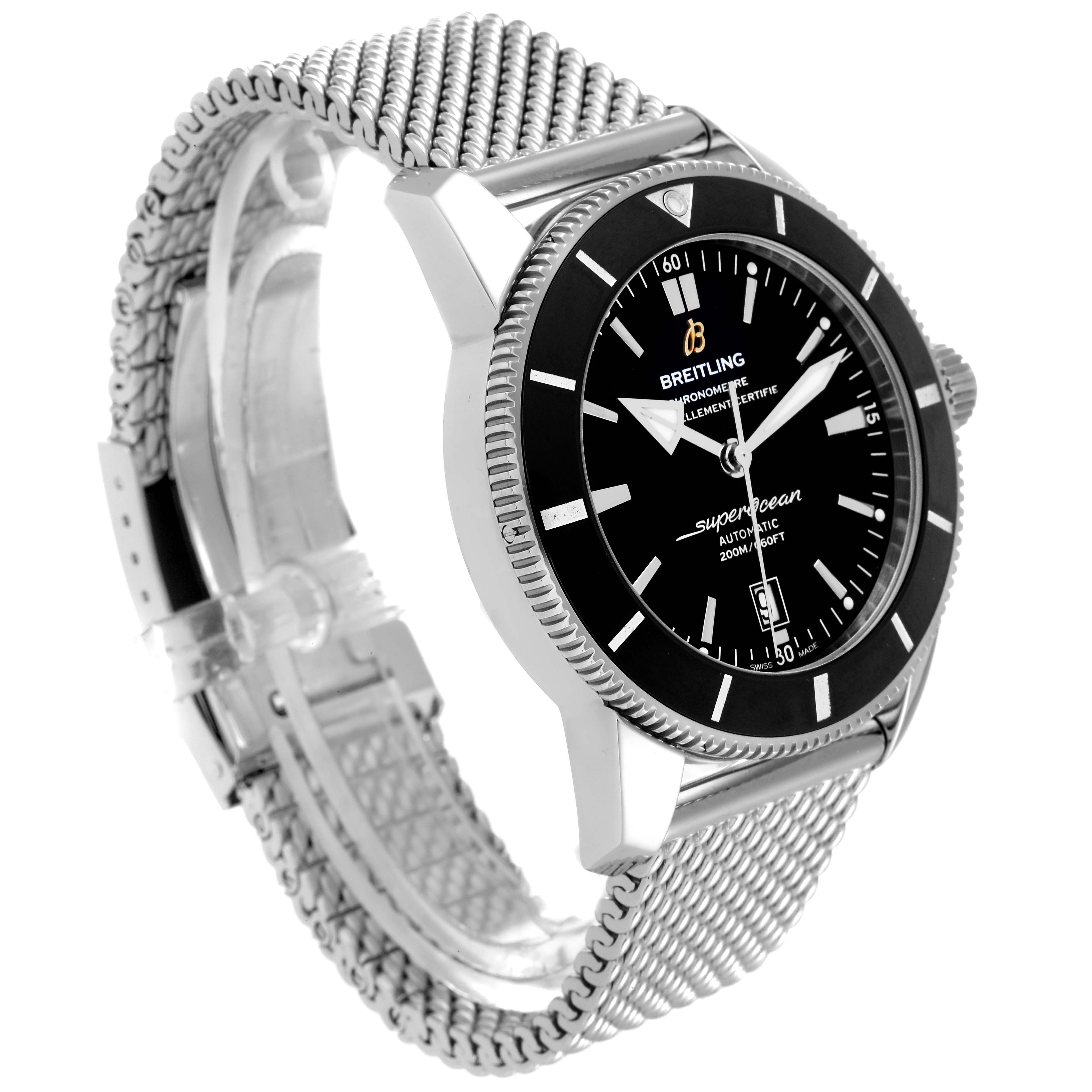 The Breitling Superocean AB2020121B1A1 Men's Stainless Steel Black Dial AB2020121B1A1 Men's Stainless Steel Black Dial watch is shown at a side angle, highlighting its black dial, metal bezel, and mesh bracelet.