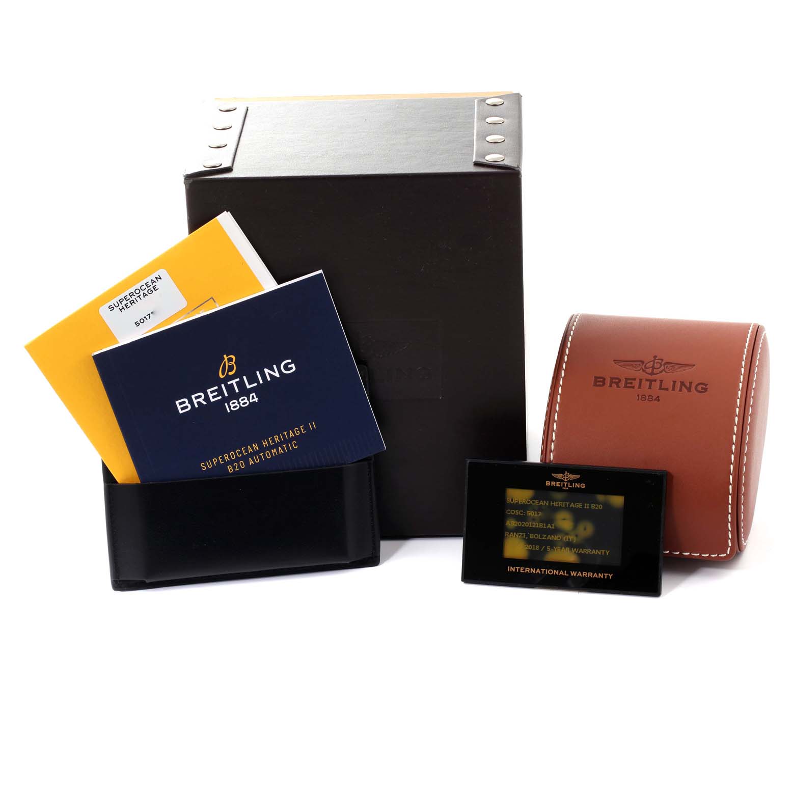 The image shows Breitling Superocean AB2020121B1A1 Men's Stainless Steel Black Dial AB2020121B1A1 Men's Stainless Steel Black Dial watch accessories including manuals, warranty card, a carrying case, and a storage box.