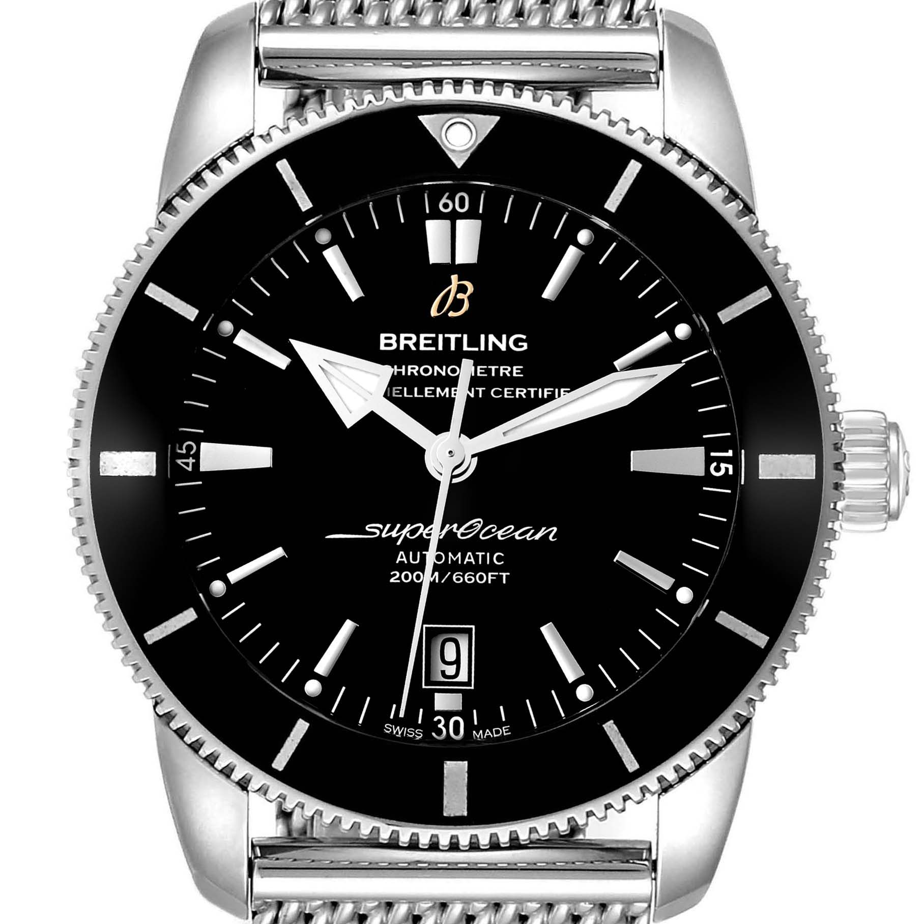 This image shows a frontal view of the Breitling Superocean AB2020121B1A1 Men's Stainless Steel Black Dial AB2020121B1A1 Men's Stainless Steel Black Dial watch, highlighting its face, bezel, and part of the bracelet.