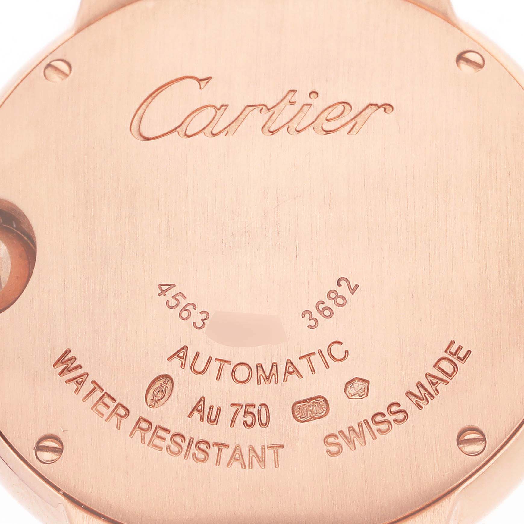 The image shows the back case of a Cartier Ballon Bleu WE902066 Women's Rose Gold Silver Dial WE902066 Women's Rose Gold Silver Dial watch, highlighting brand engraving and specifications.
