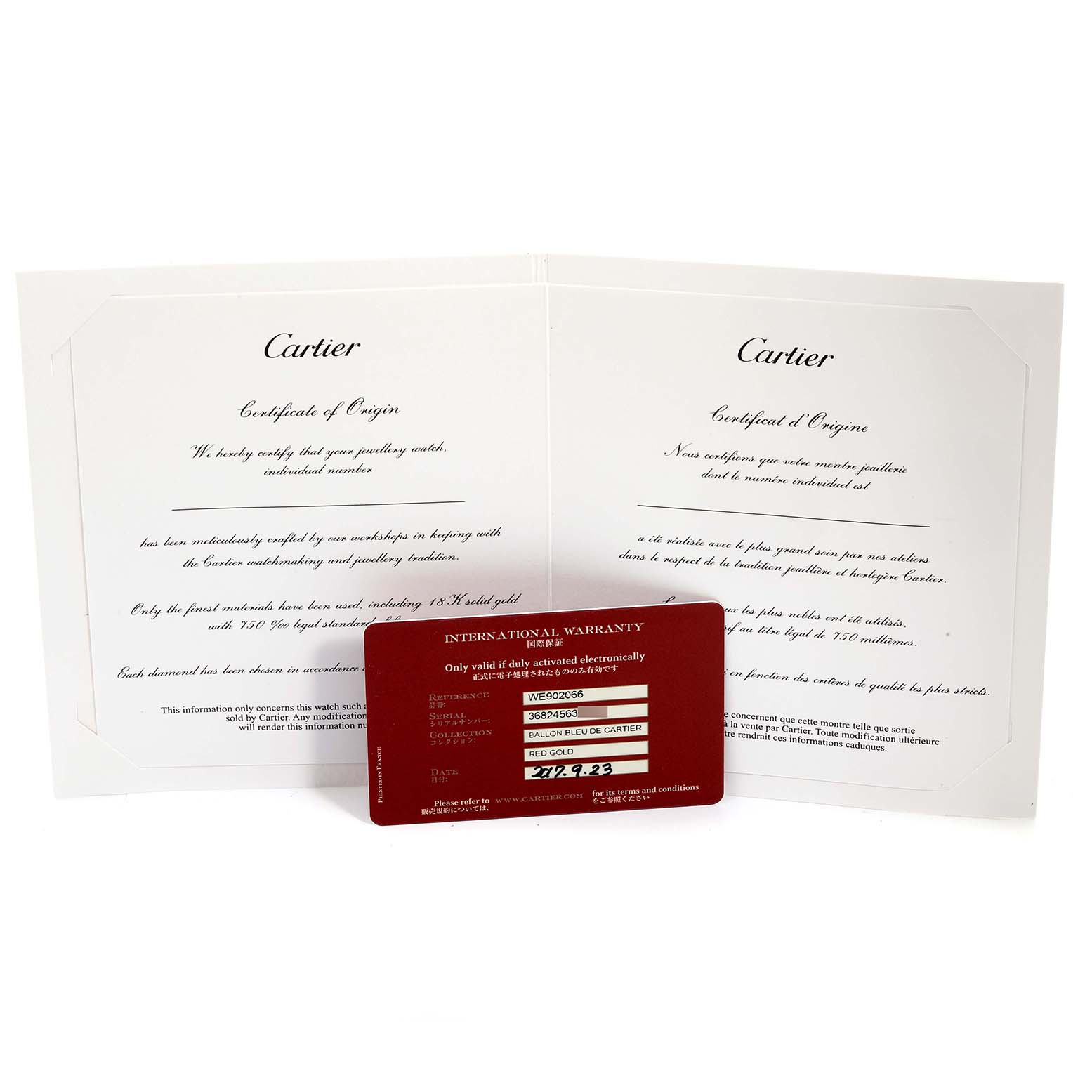 The image shows the Cartier Ballon Bleu WE902066 Women's Rose Gold Silver Dial WE902066 Women's Rose Gold Silver Dial certificate of origin and warranty card at a front-facing angle.