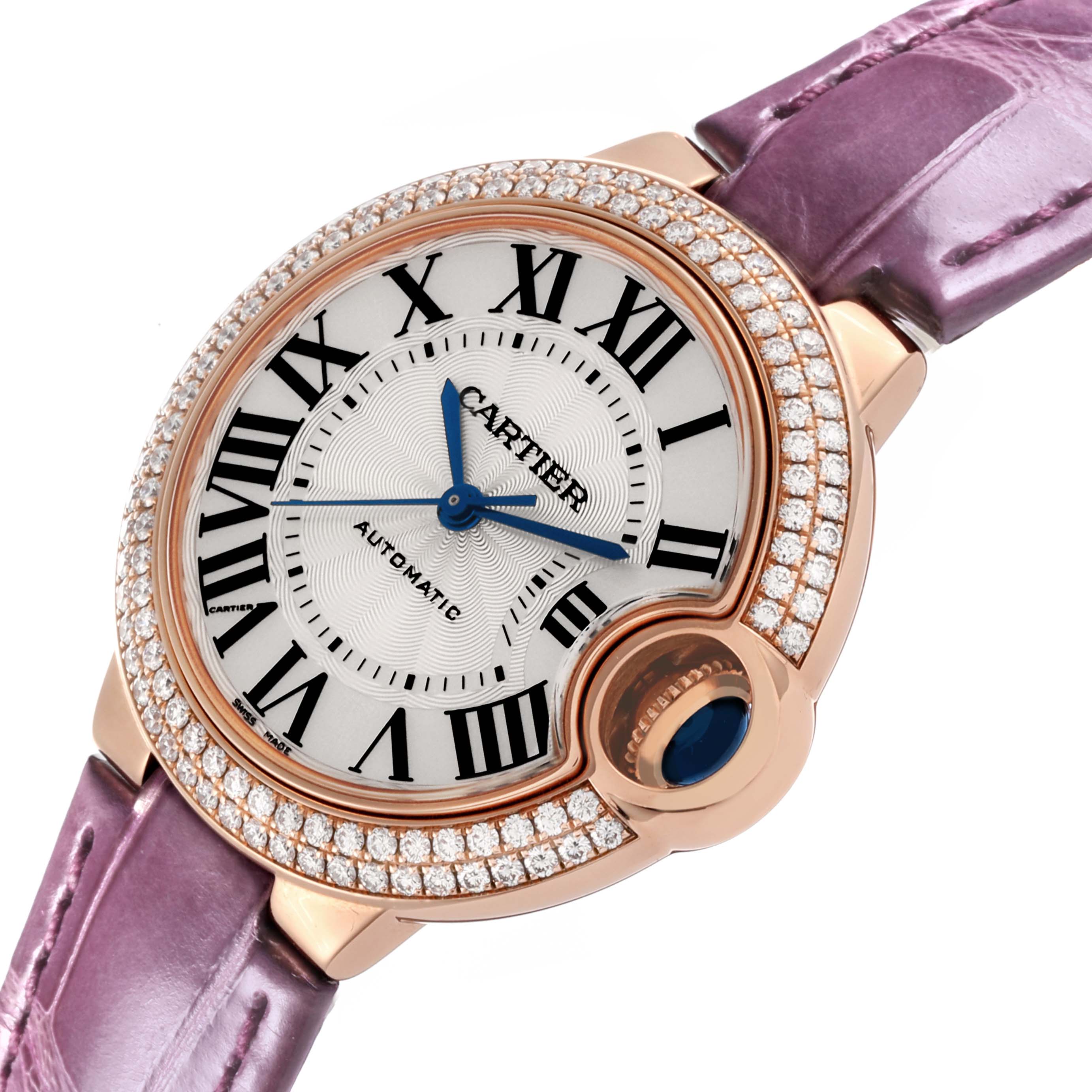 The image shows a close-up of the Cartier Ballon Bleu WE902066 Women's Rose Gold Silver Dial WE902066 Women's Rose Gold Silver Dial watch face, bezel, and purple strap at a slightly tilted angle.
