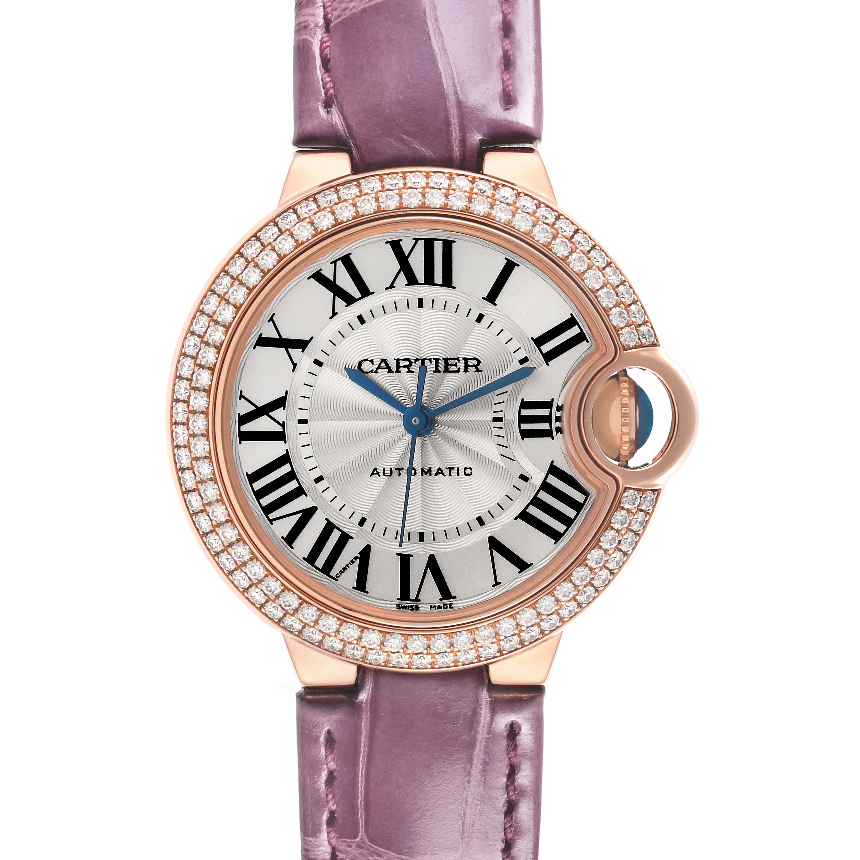 The Cartier Ballon Bleu WE902066 Women's Rose Gold Silver Dial WE902066 Women's Rose Gold Silver Dial watch is shown from the front, displaying the face, case, and part of the strap.