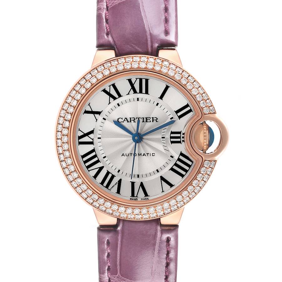 The Cartier Ballon Bleu watch is shown from the front, displaying the face, case, and part of the strap.