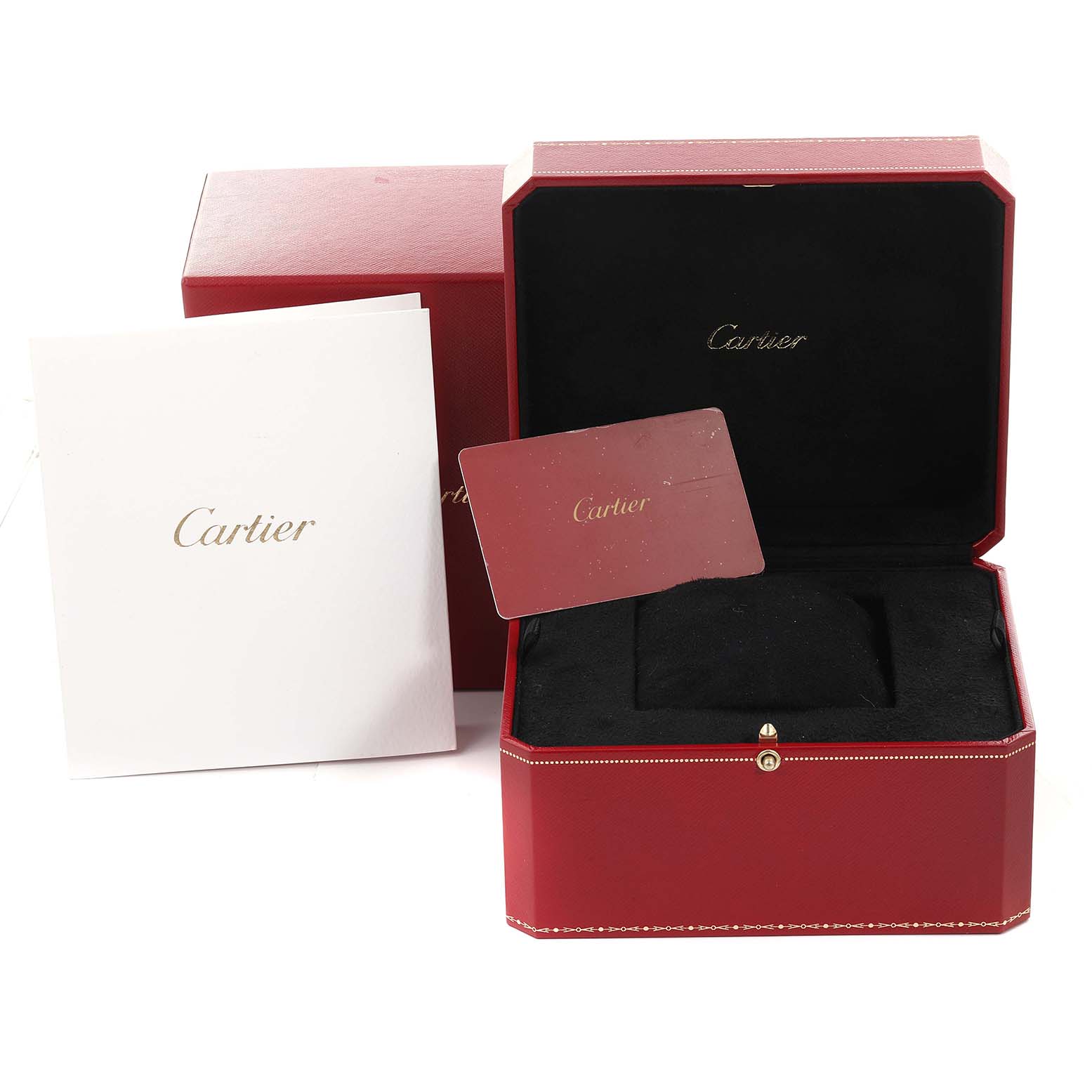 The image shows the Cartier Ballon Bleu WE902066 Women's Rose Gold Silver Dial WE902066 Women's Rose Gold Silver Dial watch box, warranty card, and manual from a front angle.