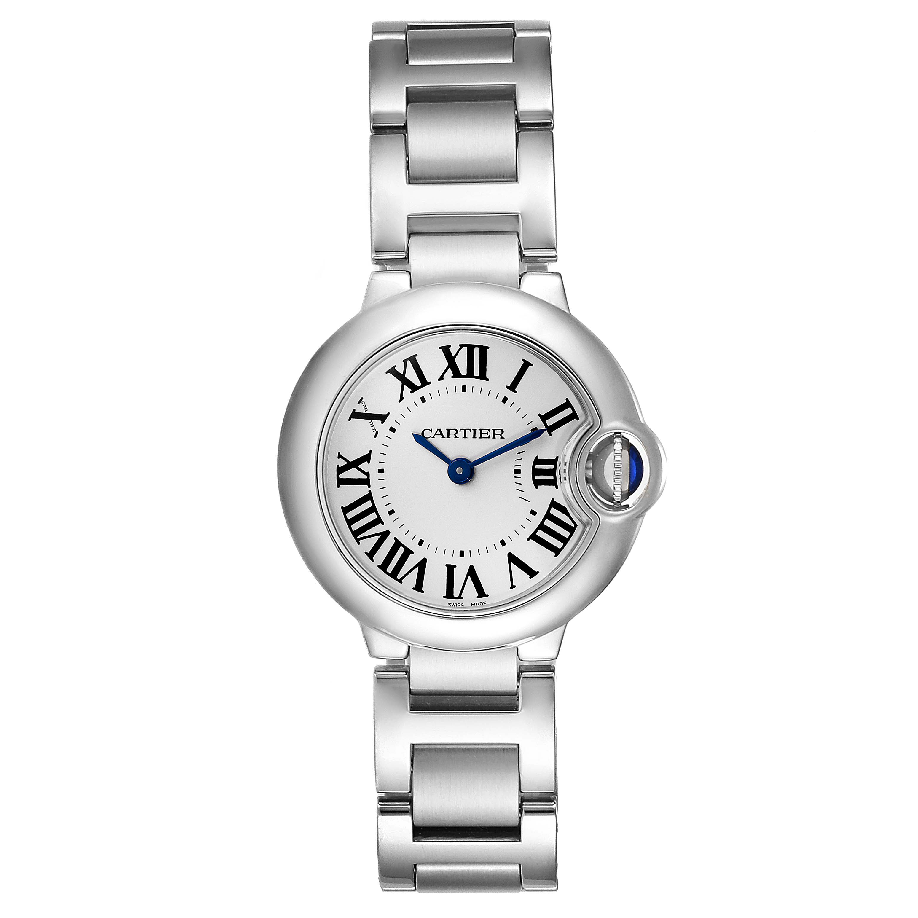 This Cartier Ballon Bleu W69010Z4 Women's Stainless Steel Silver Dial W69010Z4 Women's Stainless Steel Silver Dial watch is shown from the front, displaying its face, Roman numerals, and stainless steel bracelet.