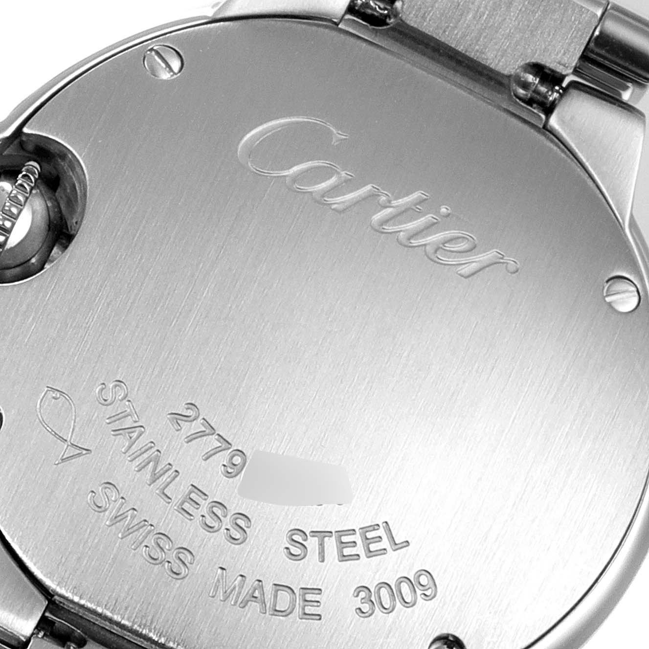 The image shows the back case of a Cartier Ballon Bleu W69010Z4 Women's Stainless Steel Silver Dial W69010Z4 Women's Stainless Steel Silver Dial watch, highlighting the brand engraving and material details.
