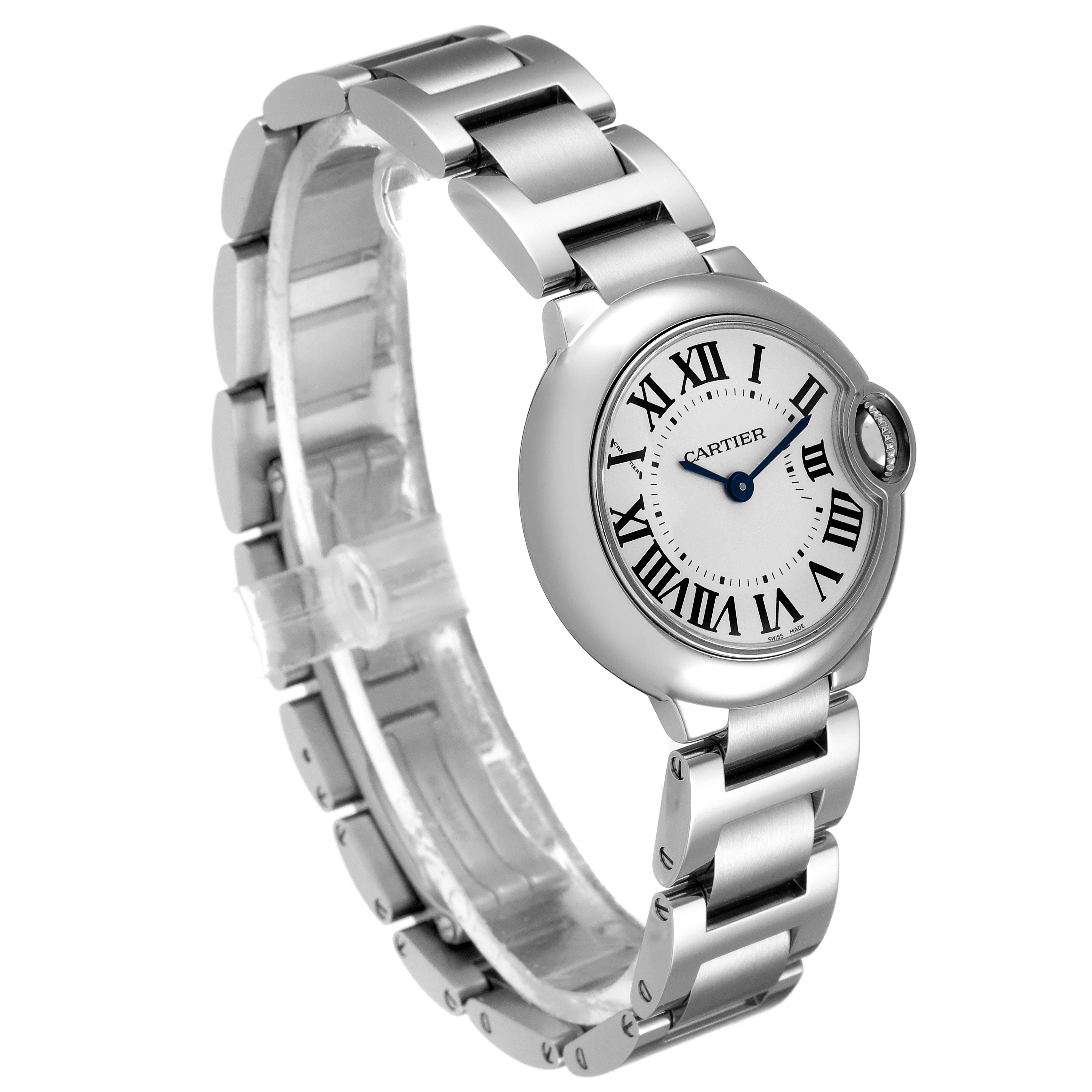 The image shows a side and front view of a Ballon Bleu de Cartier watch, highlighting its round case and metal bracelet.