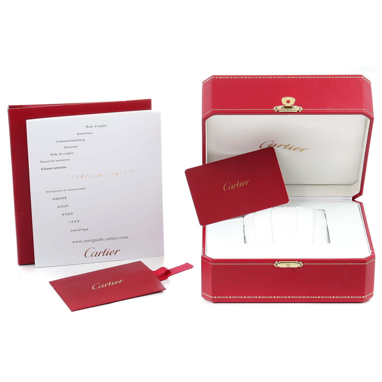 The image shows the packaging and documentation accessories for a Cartier Ballon Bleu W69010Z4 Women's Stainless Steel Silver Dial W69010Z4 Women's Stainless Steel Silver Dial watch.